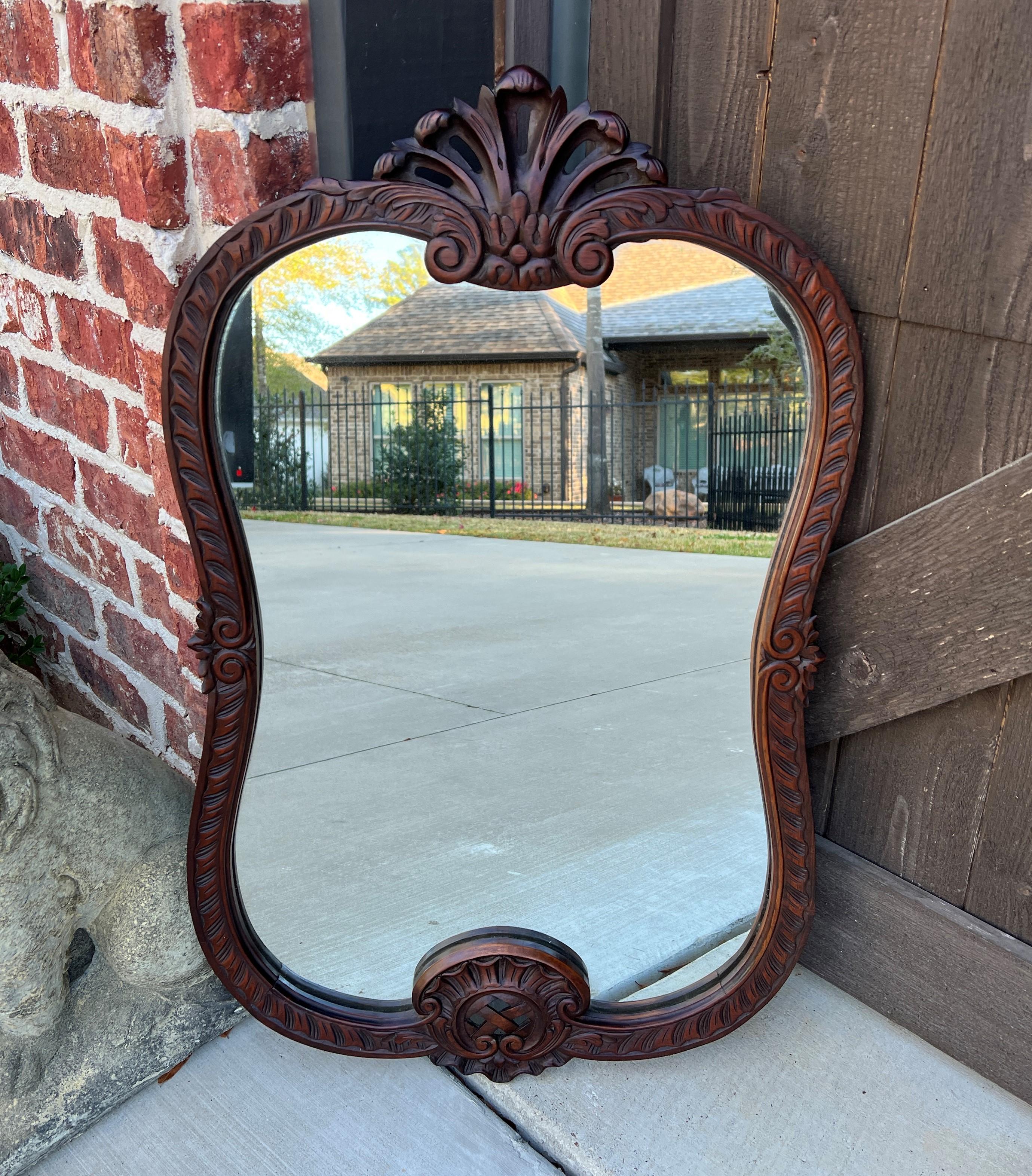 Mid-20th Century Antique French Mirror Carved Walnut Framed Wall Mirror Shell Lattice Accent 1930