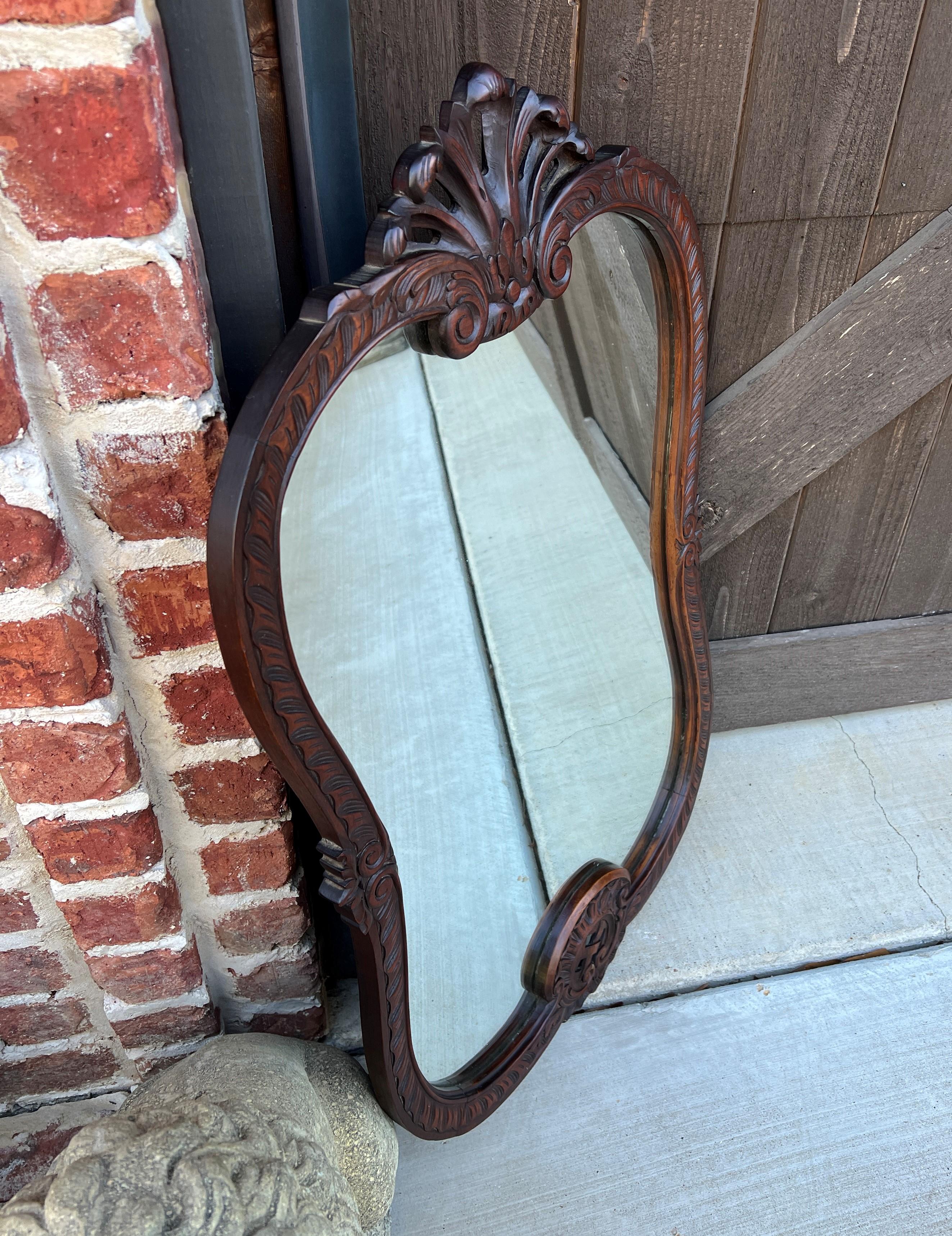 Antique French Mirror Carved Walnut Framed Wall Mirror Shell Lattice Accent 1930 2