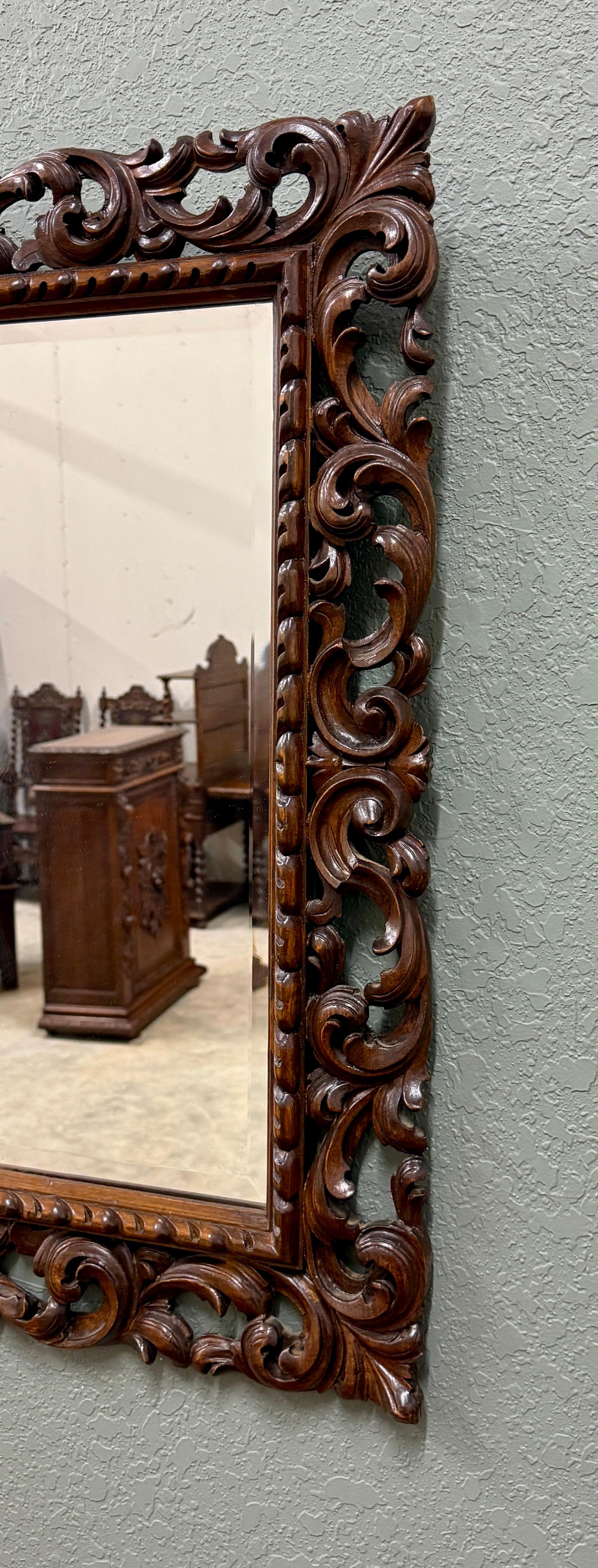 Antique French Mirror Framed Beveled LARGE Rectangular Oak Renaissance c. 1900 For Sale 4