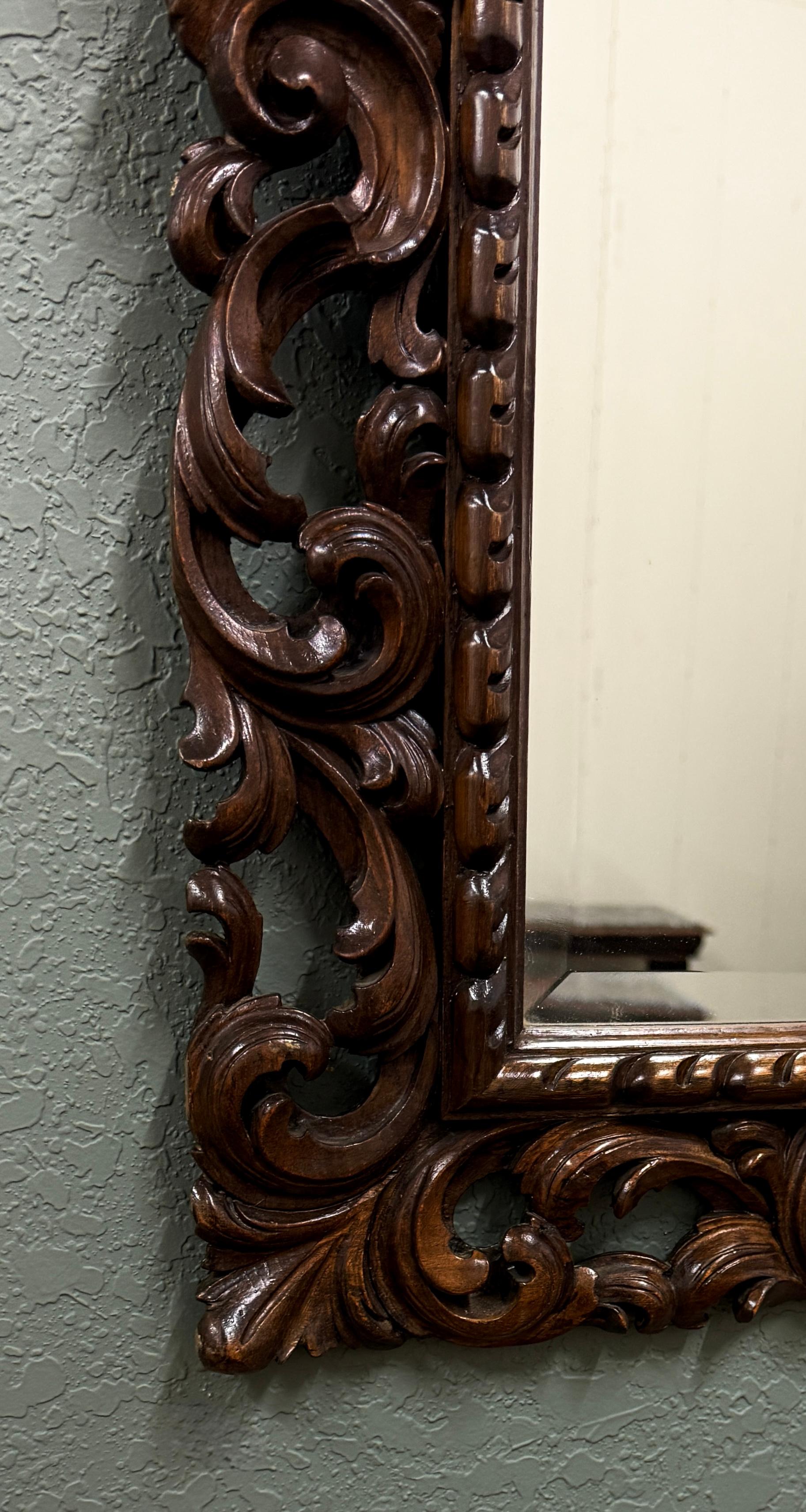 Antique French Mirror Framed Beveled LARGE Rectangular Oak Renaissance c. 1900 For Sale 7