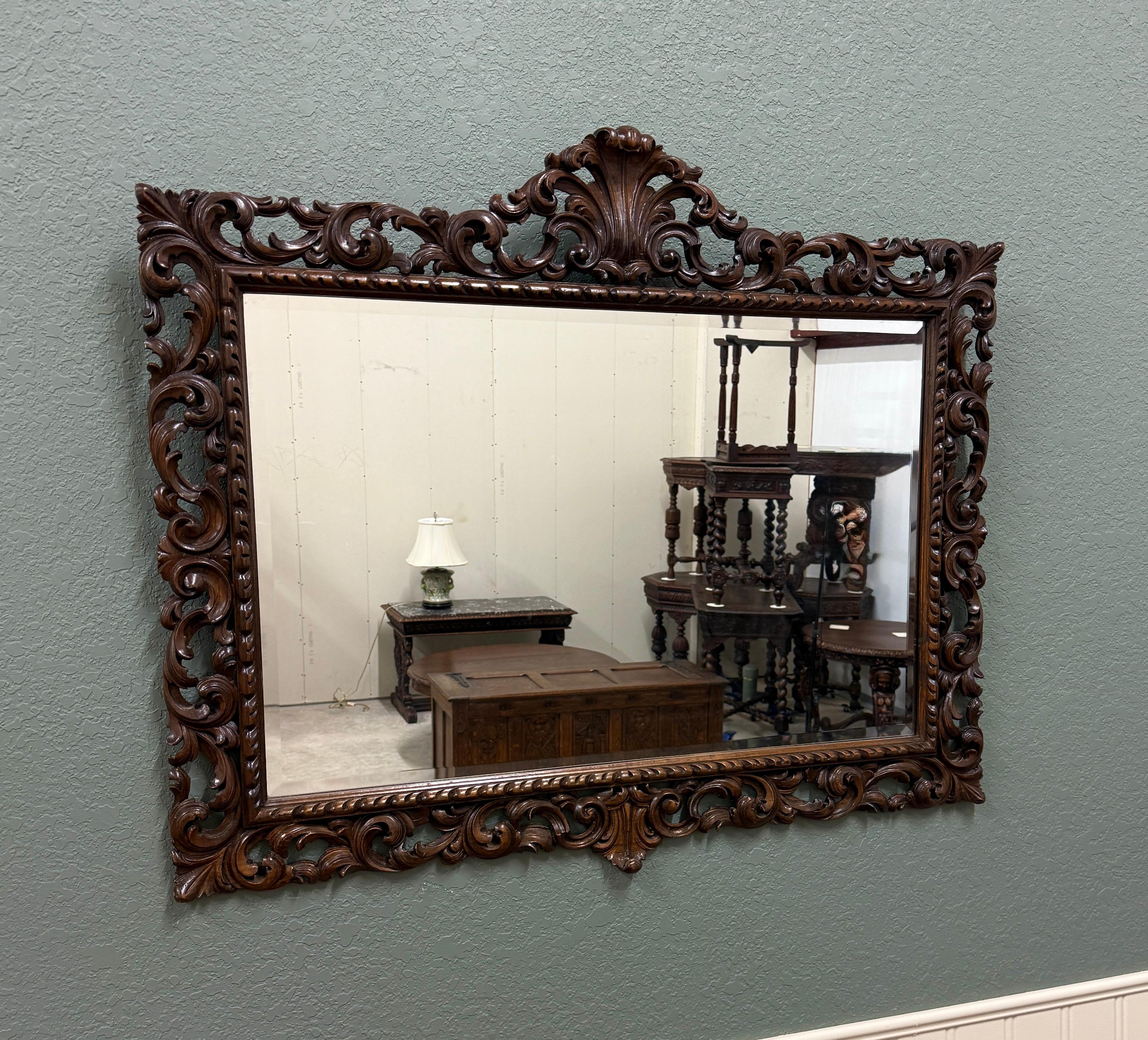 Antique French Mirror Framed Beveled LARGE Rectangular Oak Renaissance c. 1900 For Sale 9