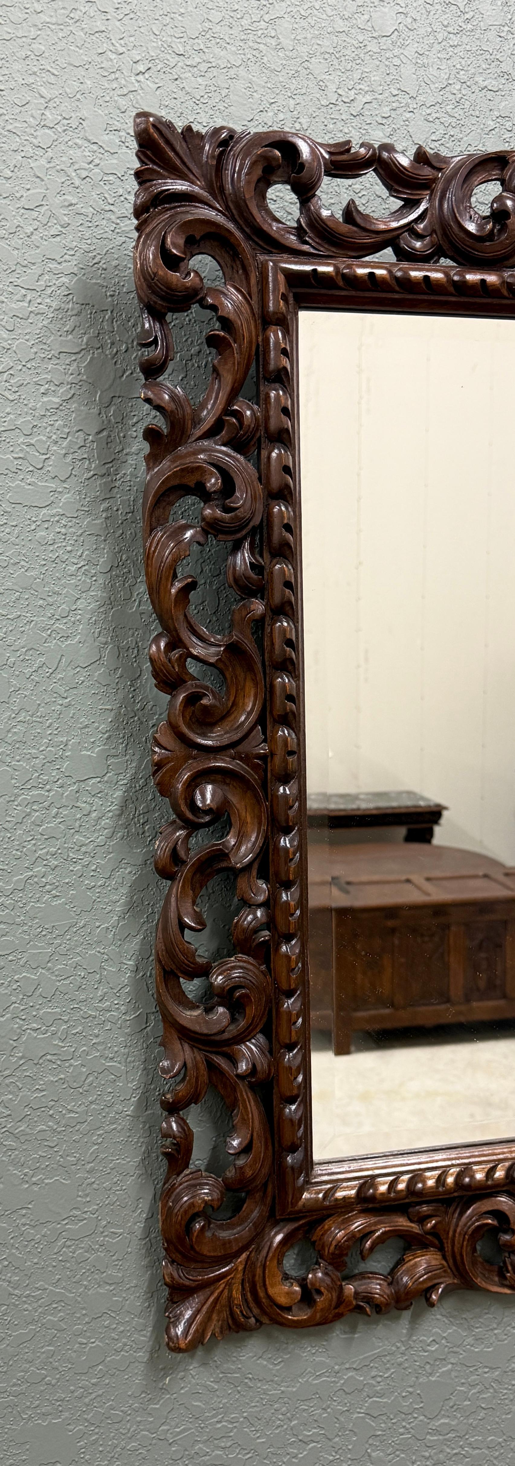 Antique French Mirror Framed Beveled LARGE Rectangular Oak Renaissance c. 1900 For Sale 11