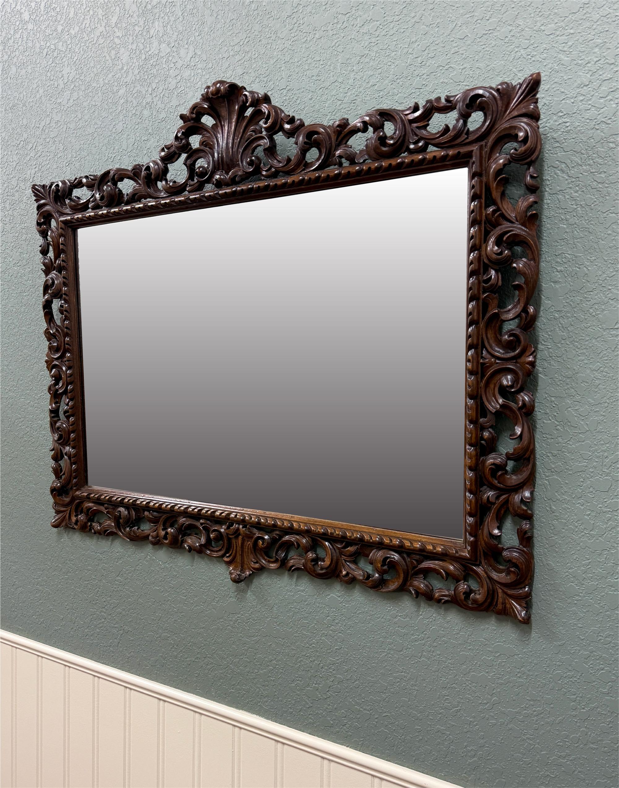 Antique French Mirror Framed Beveled LARGE Rectangular Oak Renaissance c. 1900 For Sale 12