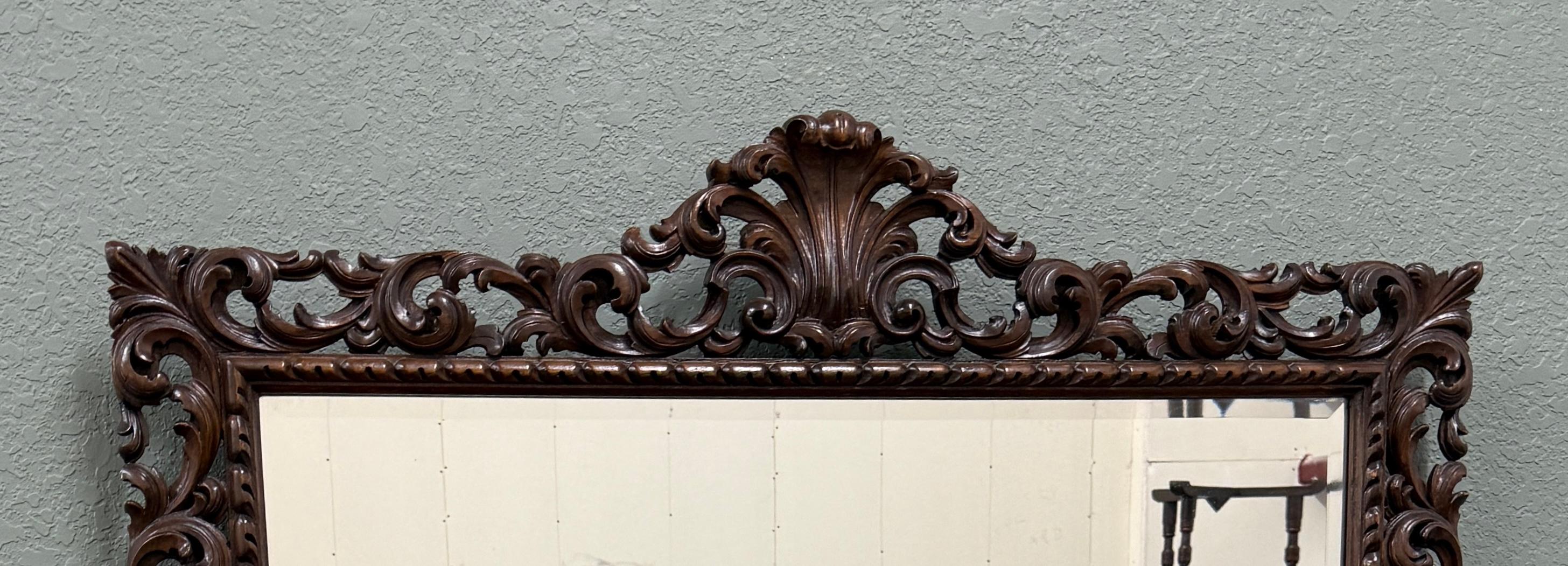 GORGEOUS Antique French Renaissance Revival LARGE Rectangular Framed HIGHLY CARVED Oak Beveled Wall Mirror~~c. early 1900s
 
Popular classic French hanging wall mirror~~beautifully carved with beveled mirror and wood back~~perfect for an entry hall,