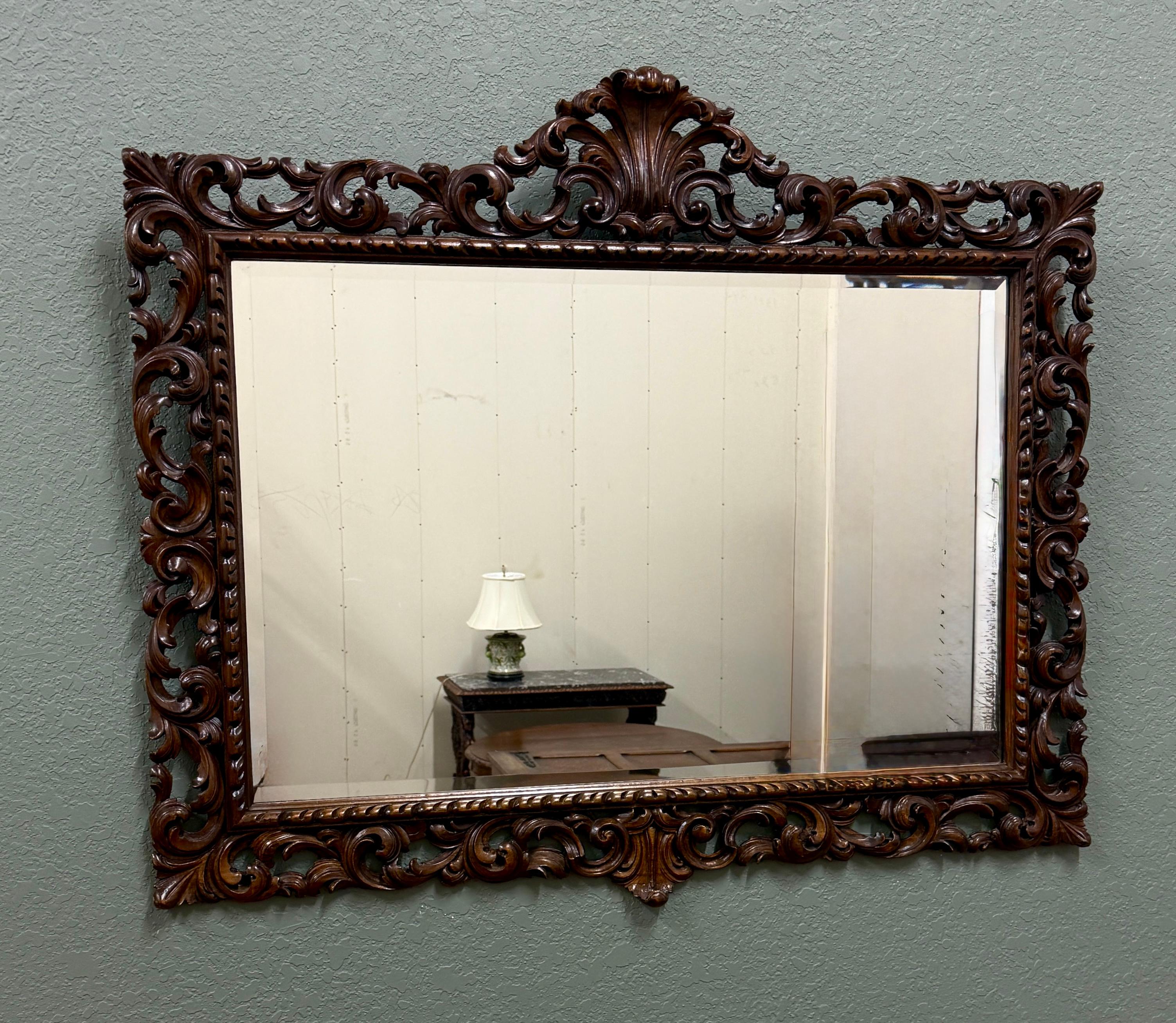 Renaissance Revival Antique French Mirror Framed Beveled LARGE Rectangular Oak Renaissance c. 1900 For Sale