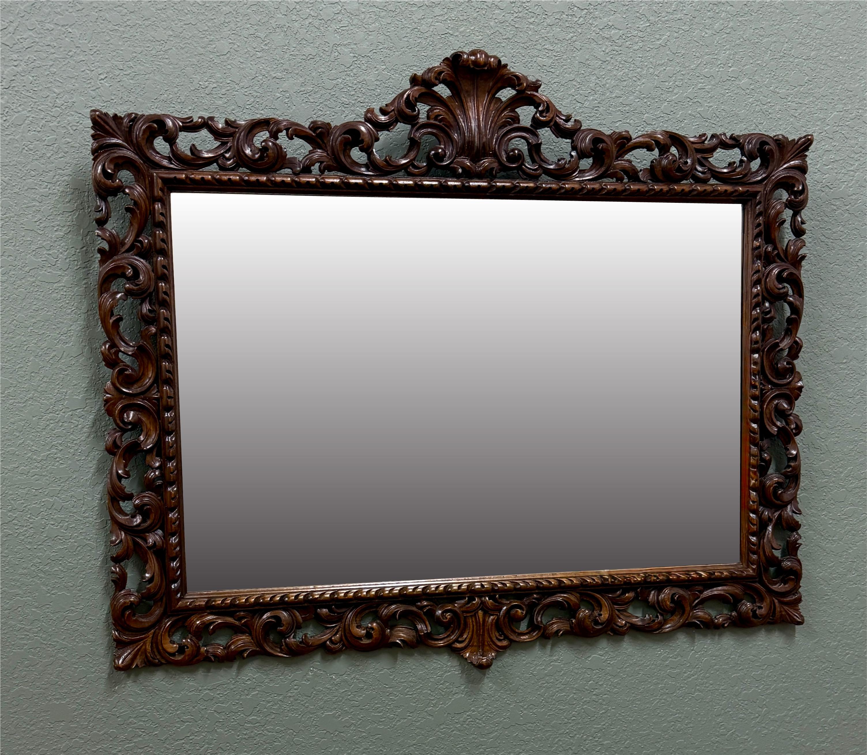 Carved Antique French Mirror Framed Beveled LARGE Rectangular Oak Renaissance c. 1900 For Sale