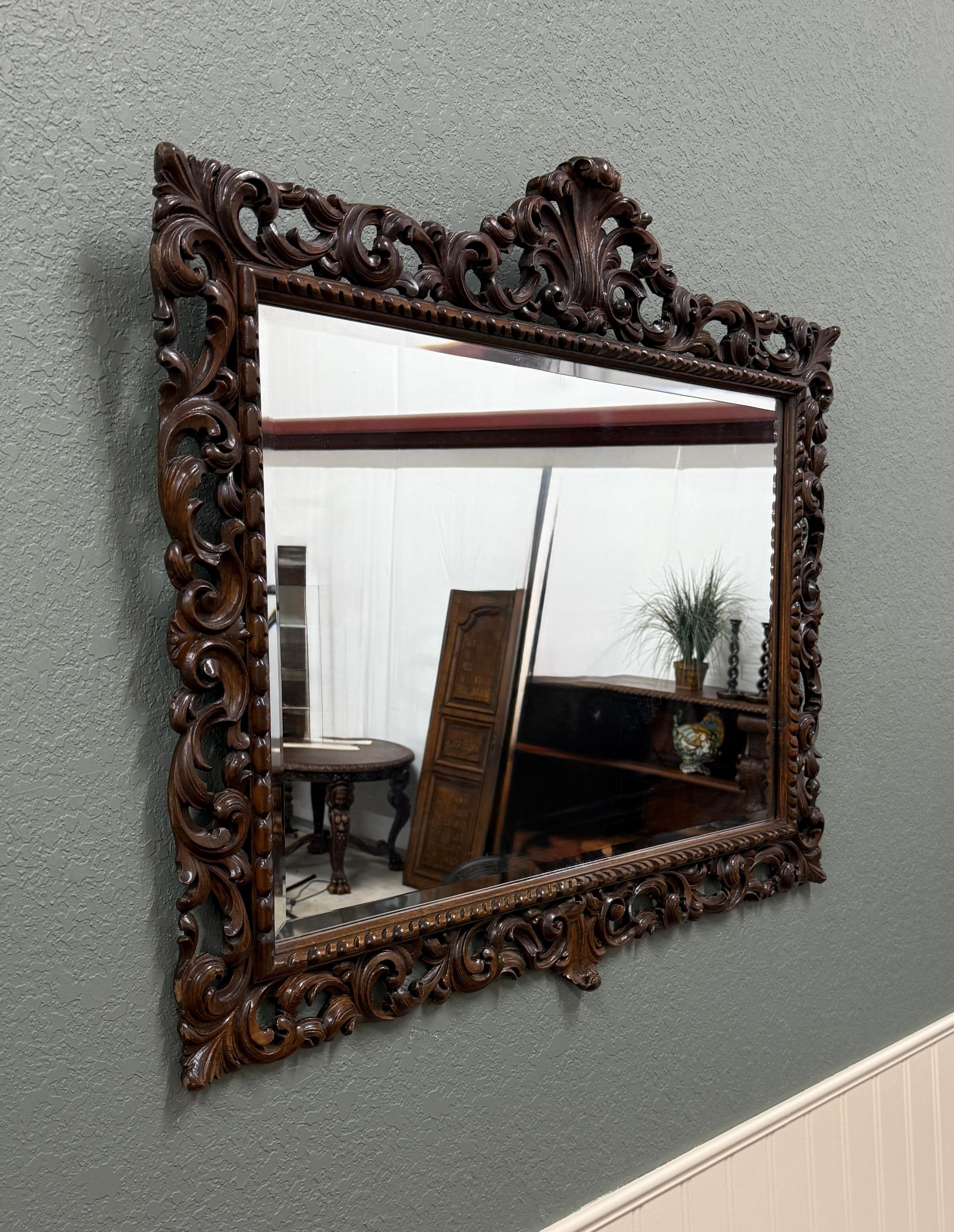 Antique French Mirror Framed Beveled LARGE Rectangular Oak Renaissance c. 1900 In Good Condition For Sale In Tyler, TX