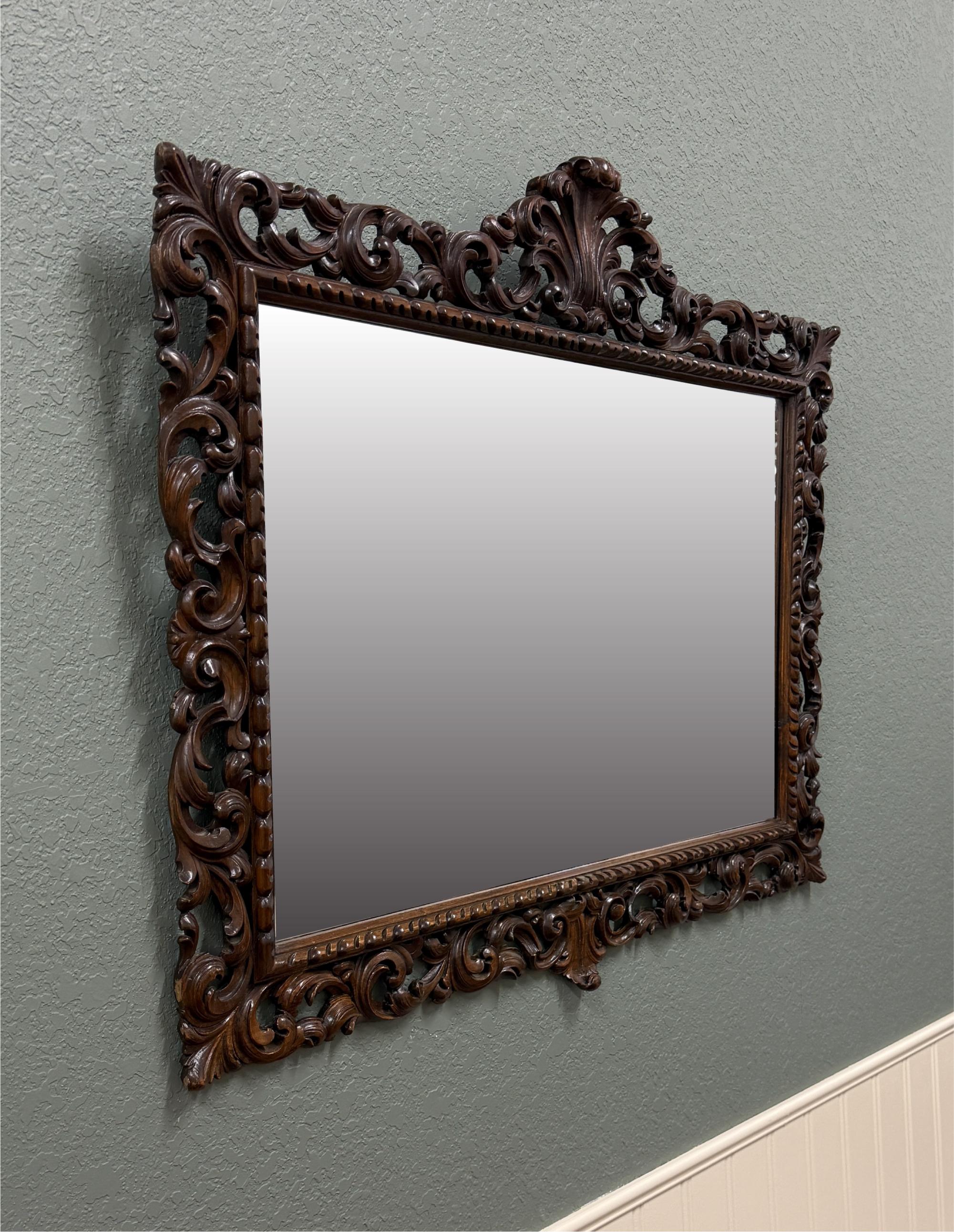 19th Century Antique French Mirror Framed Beveled LARGE Rectangular Oak Renaissance c. 1900 For Sale