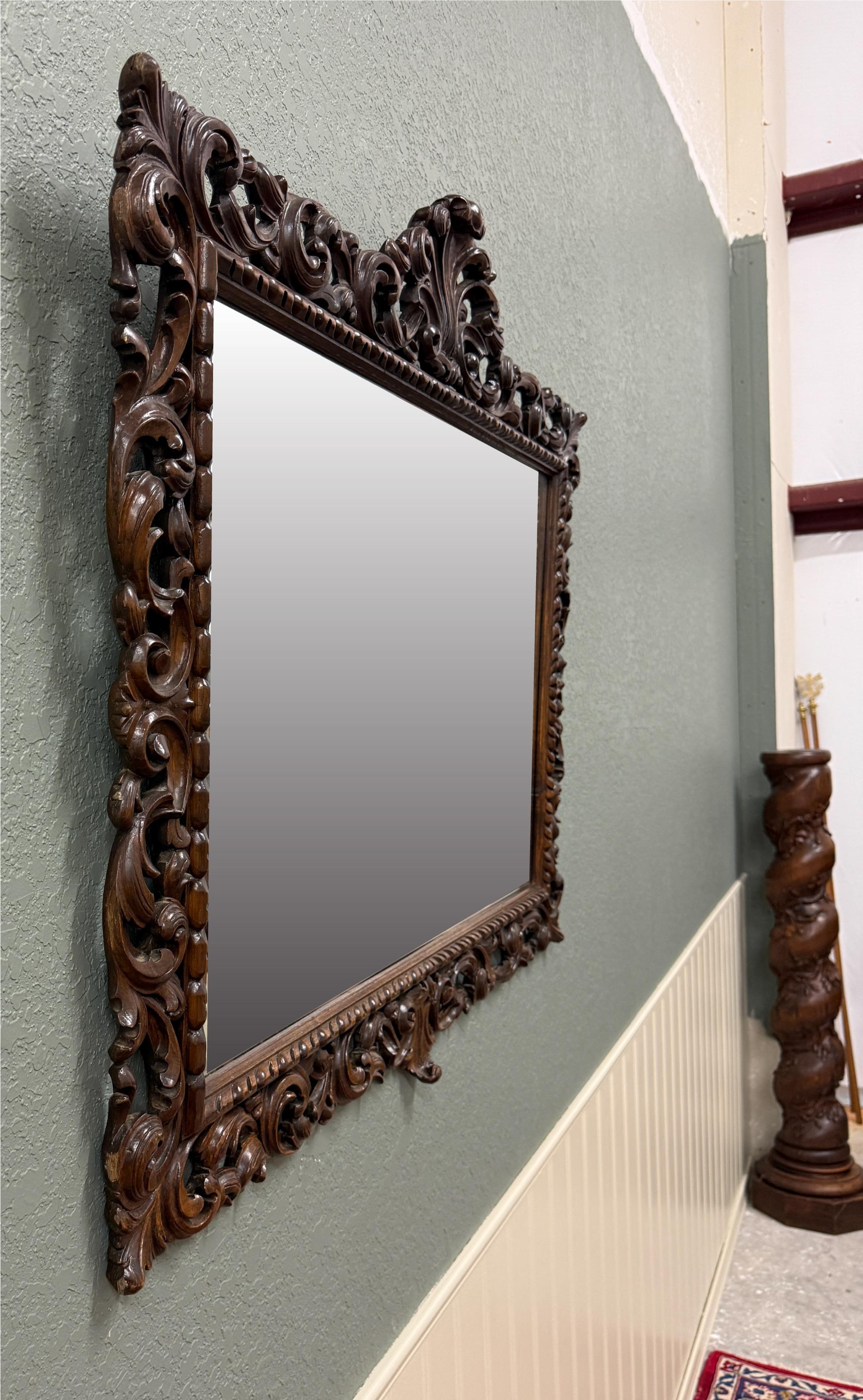 Antique French Mirror Framed Beveled LARGE Rectangular Oak Renaissance c. 1900 For Sale 1