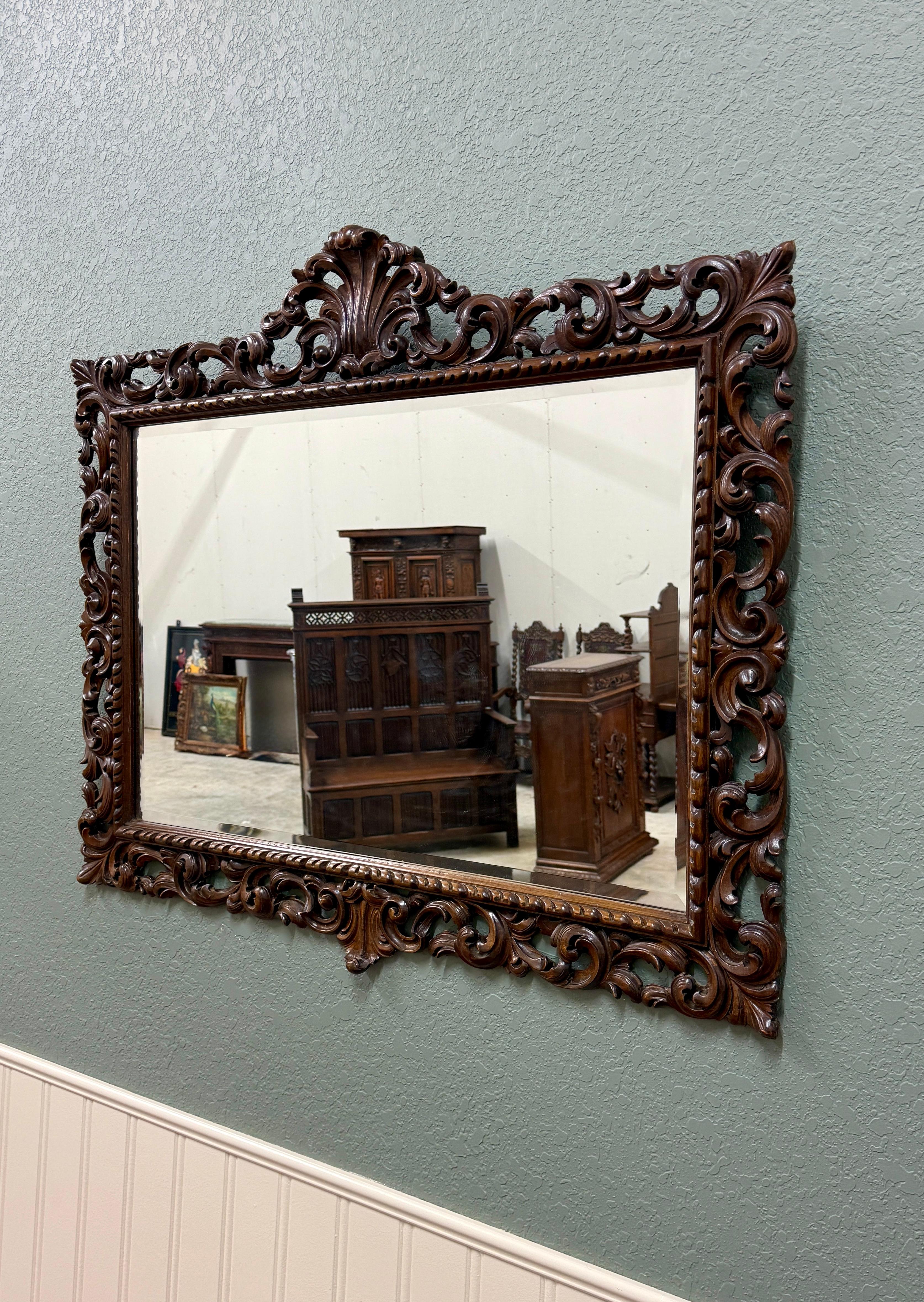 Antique French Mirror Framed Beveled LARGE Rectangular Oak Renaissance c. 1900 For Sale 2