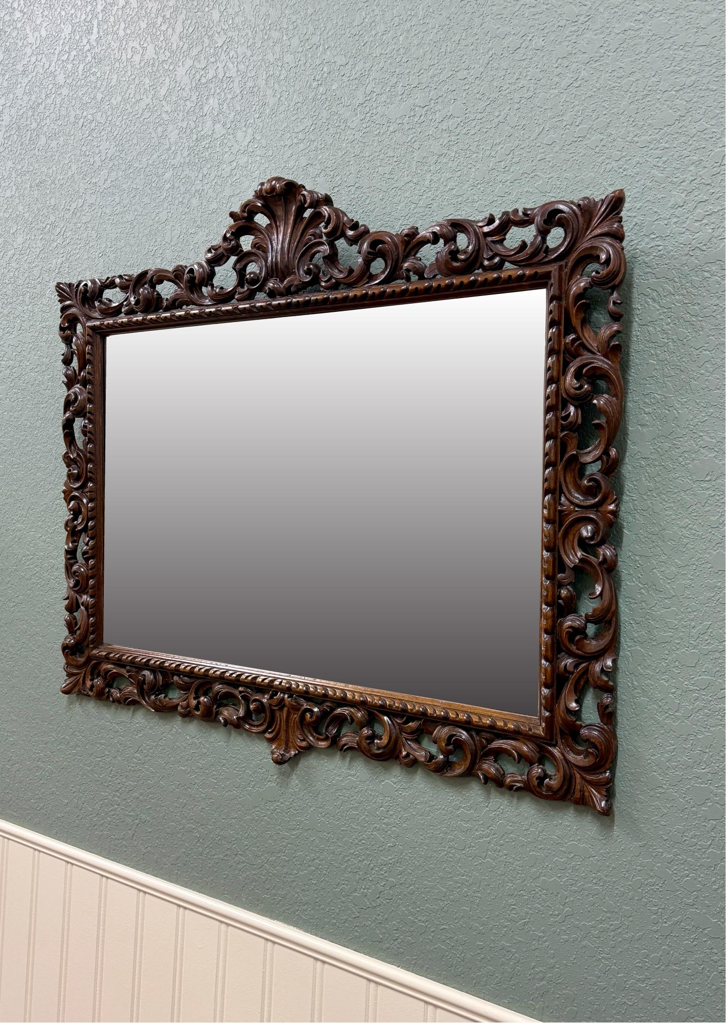 Antique French Mirror Framed Beveled LARGE Rectangular Oak Renaissance c. 1900 For Sale 3