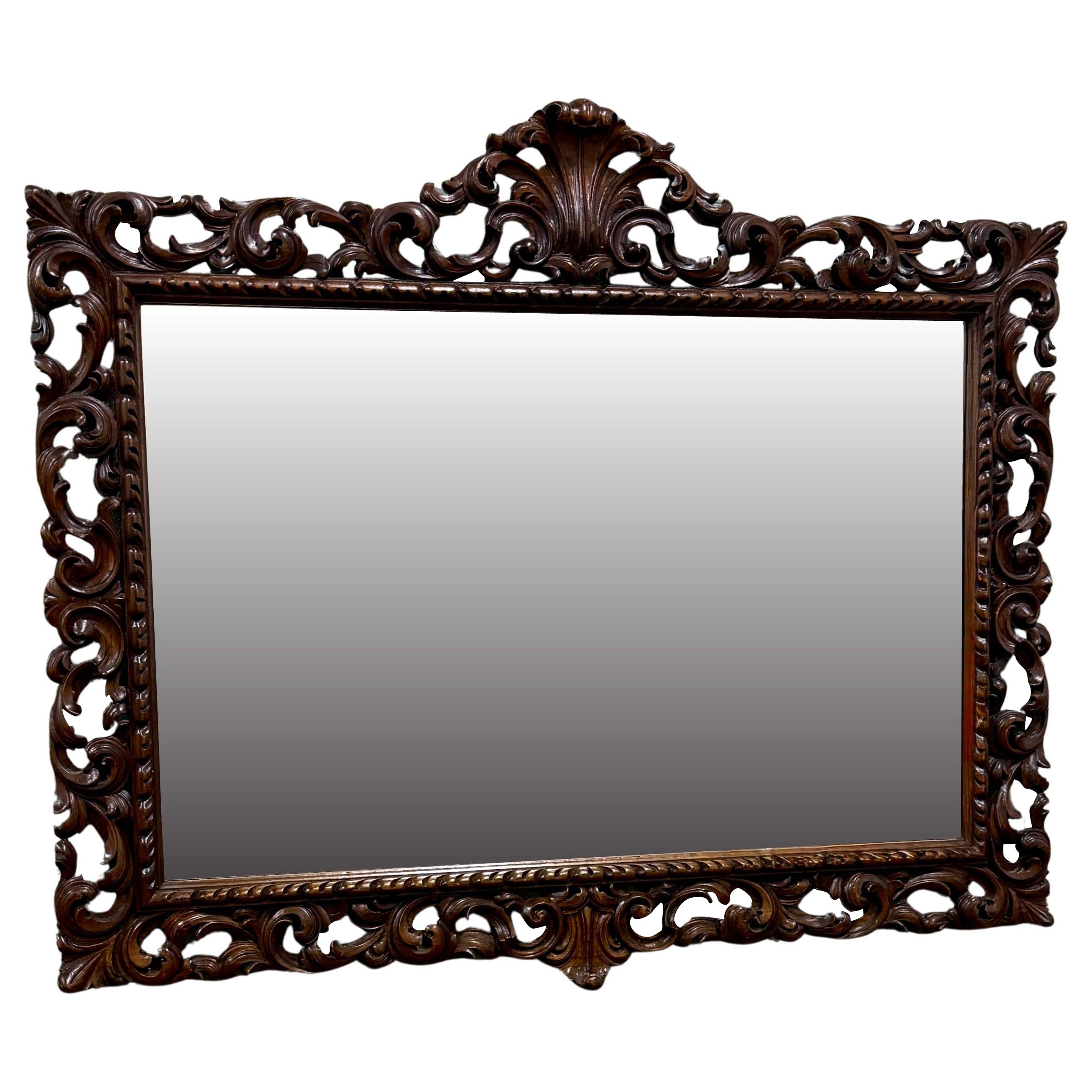 Antique French Mirror Framed Beveled LARGE Rectangular Oak Renaissance c. 1900 For Sale