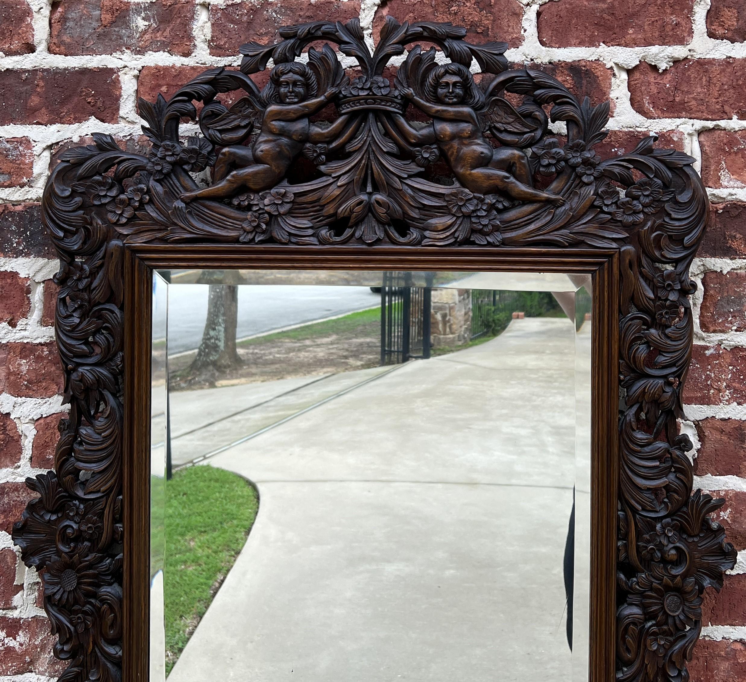 Antique French Mirror Framed Hanging Wall Mirror Cherubs Beveled Rectangular Oak For Sale 6