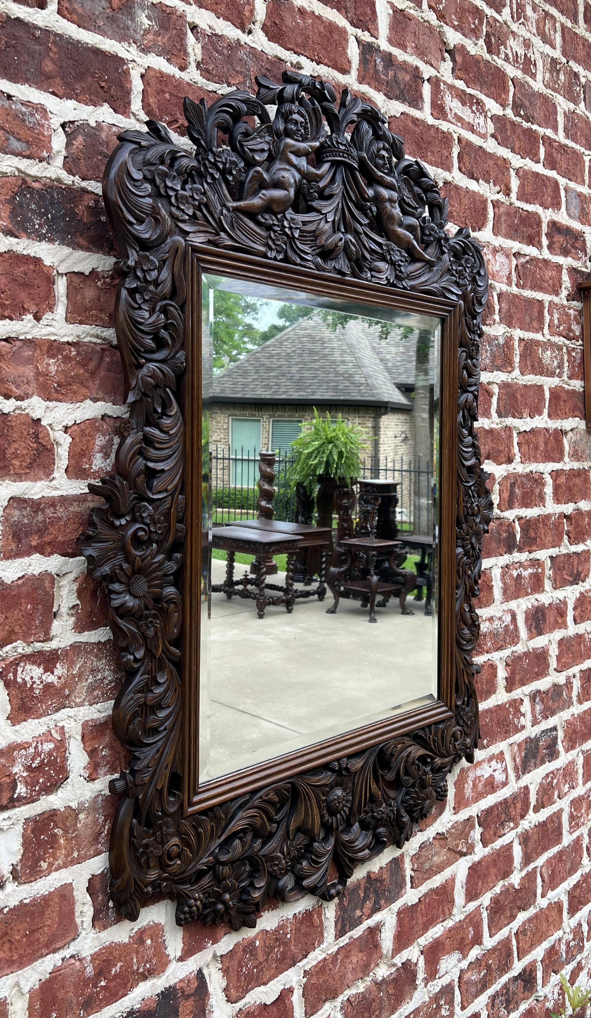 Antique French Mirror Framed Hanging Wall Mirror Cherubs Beveled Rectangular Oak For Sale 2