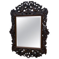 Antique French Mirror Framed Hanging Wall Mirror Cherubs Beveled Rectangular Oak