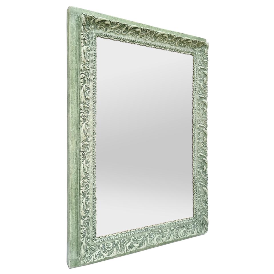 Antique French wall mirror green patina colors, circa 1900. Antique frame (width measures : 7.5 cm / 2.95 in.) orned with foliages stylized. Patinated green colors created by the art French workshop 