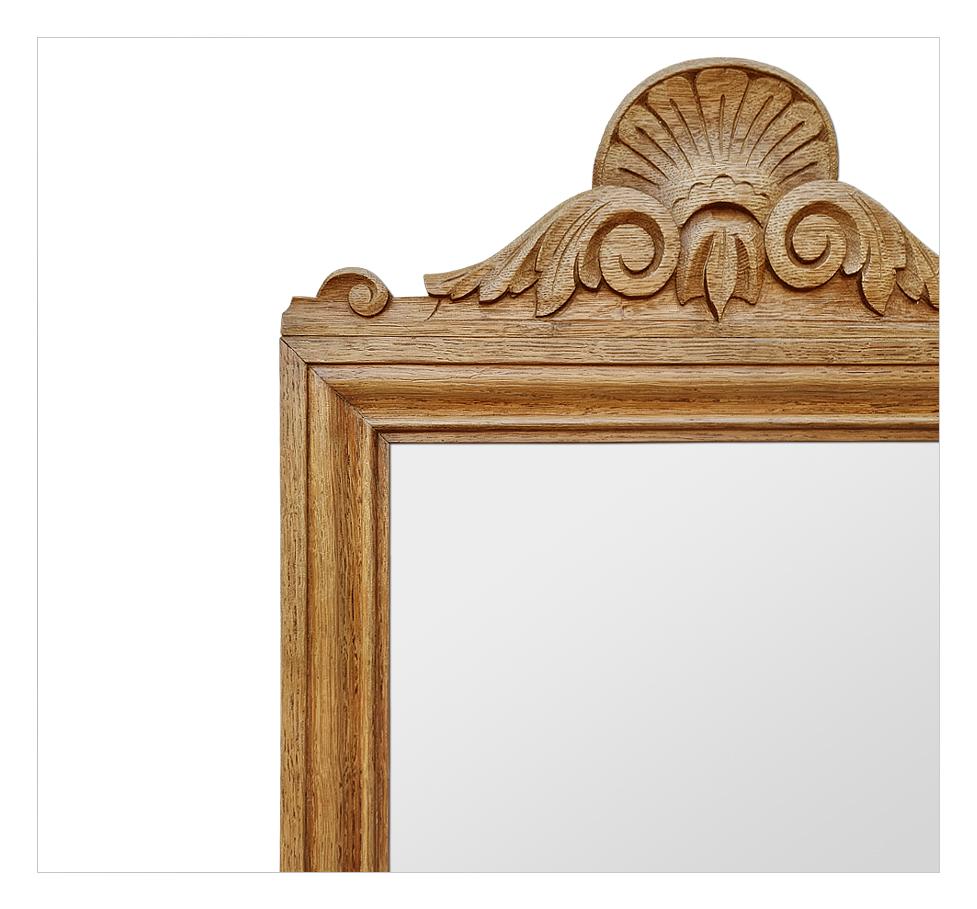 Antique French Mirror In Light Oak With Carved Pediment, circa 1950 For Sale 1
