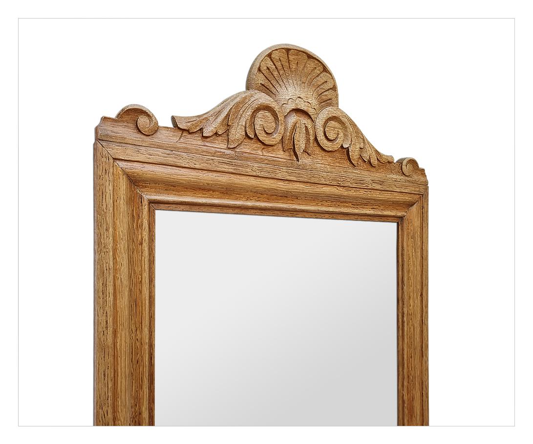 Antique French Mirror In Light Oak With Carved Pediment, circa 1950 For Sale 2
