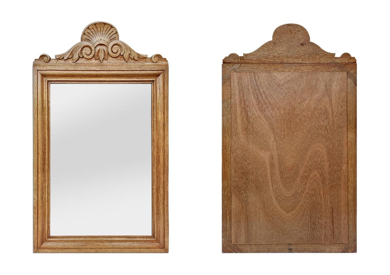 Antique French Mirror In Light Oak With Carved Pediment, circa 1950 For Sale 3