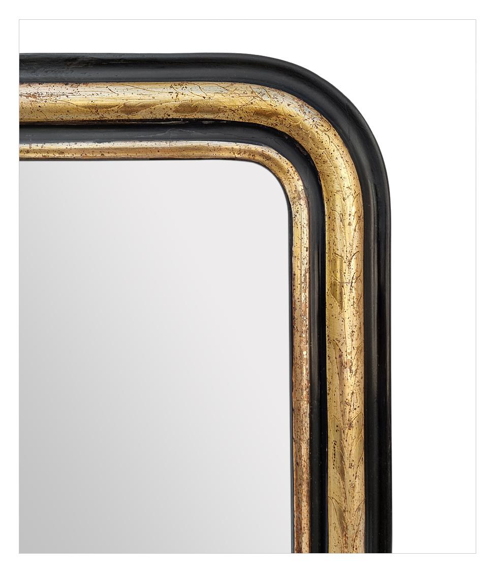 Patinated Antique French Mirror, Louis-Philippe Style, Giltwood & Black Colors, circa 1880