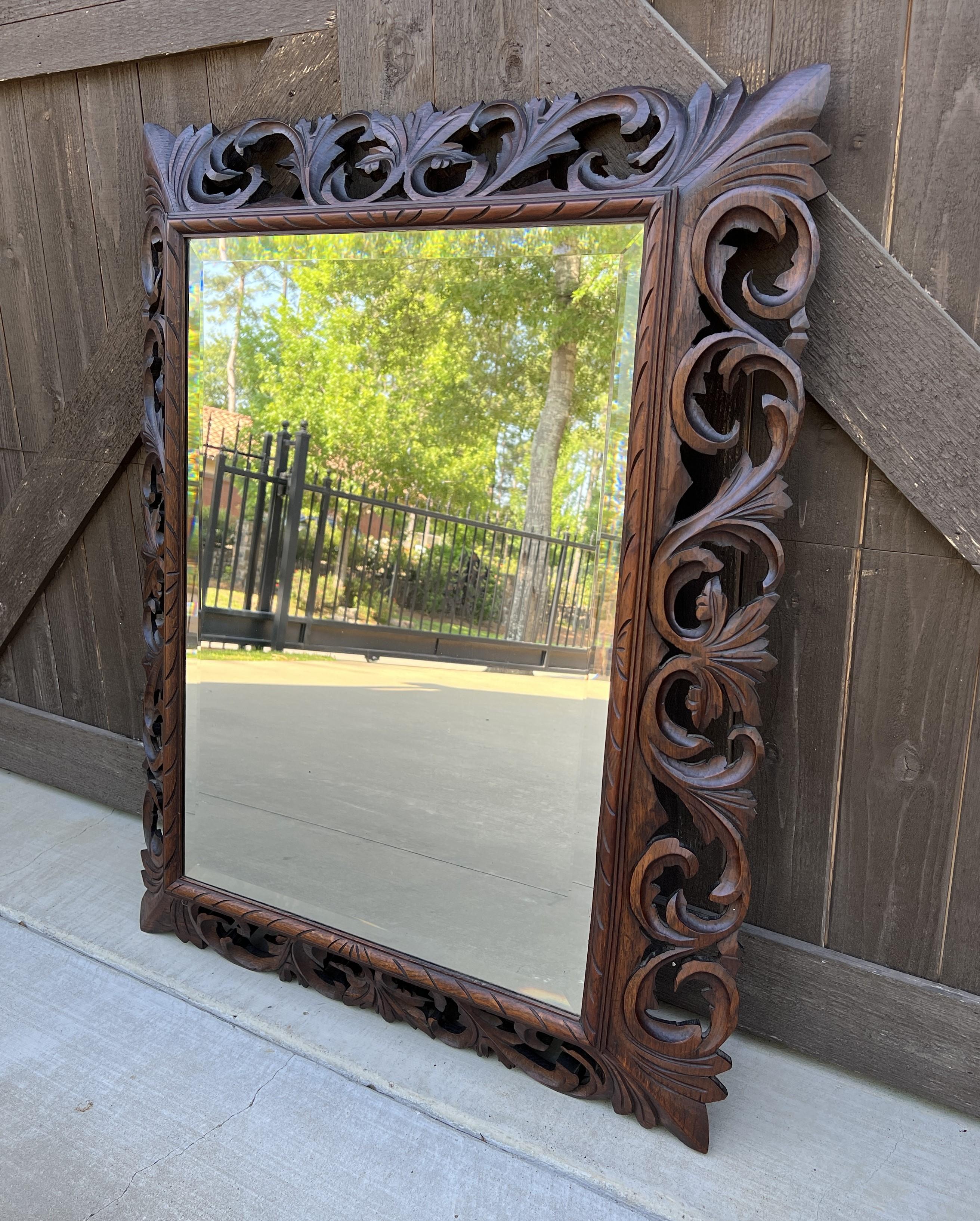 Antique French Mirror Oak Framed Hanging Wall Mirror Beveled Rectangular For Sale 6