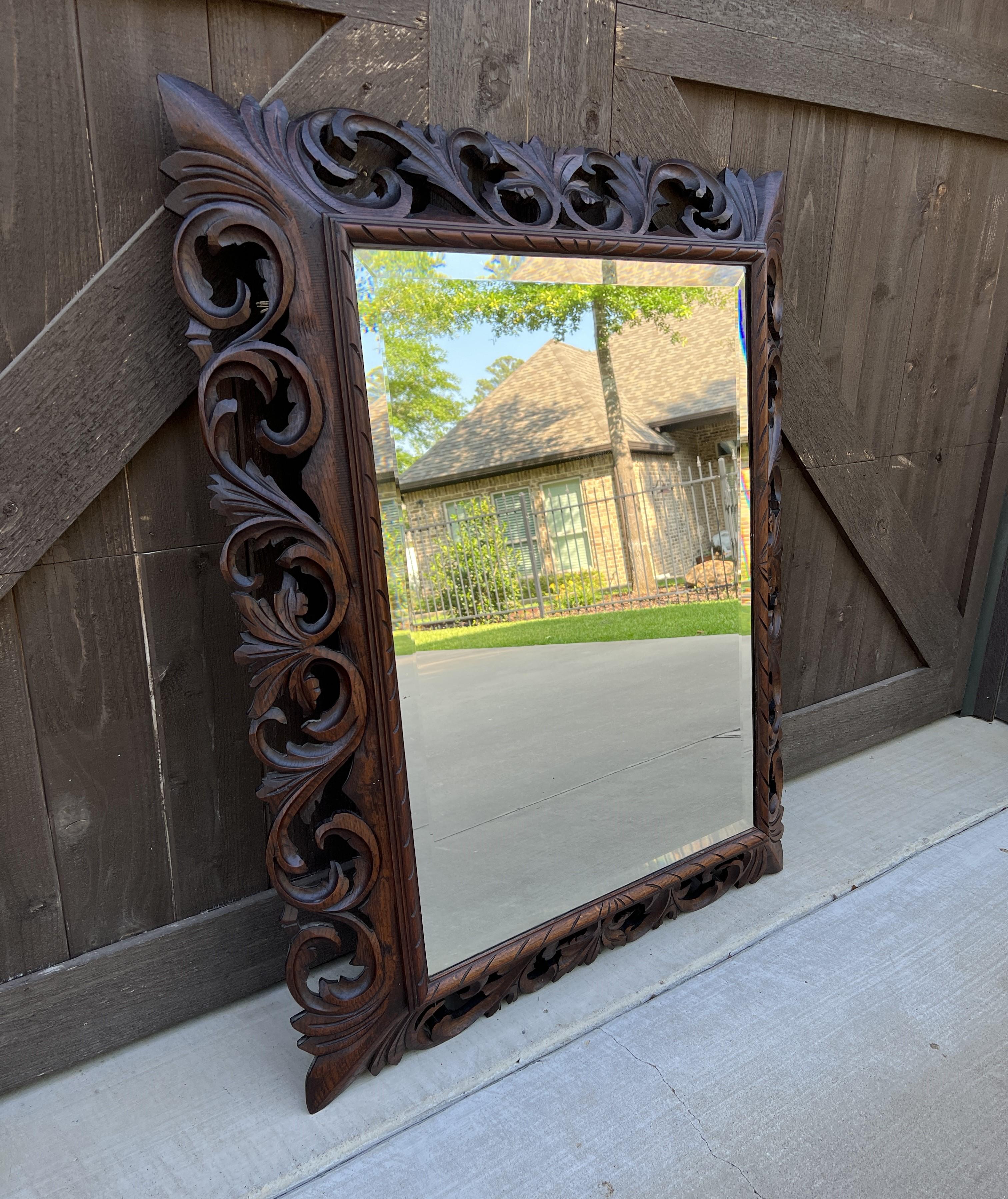 Antique French Mirror Oak Framed Hanging Wall Mirror Beveled Rectangular For Sale 7