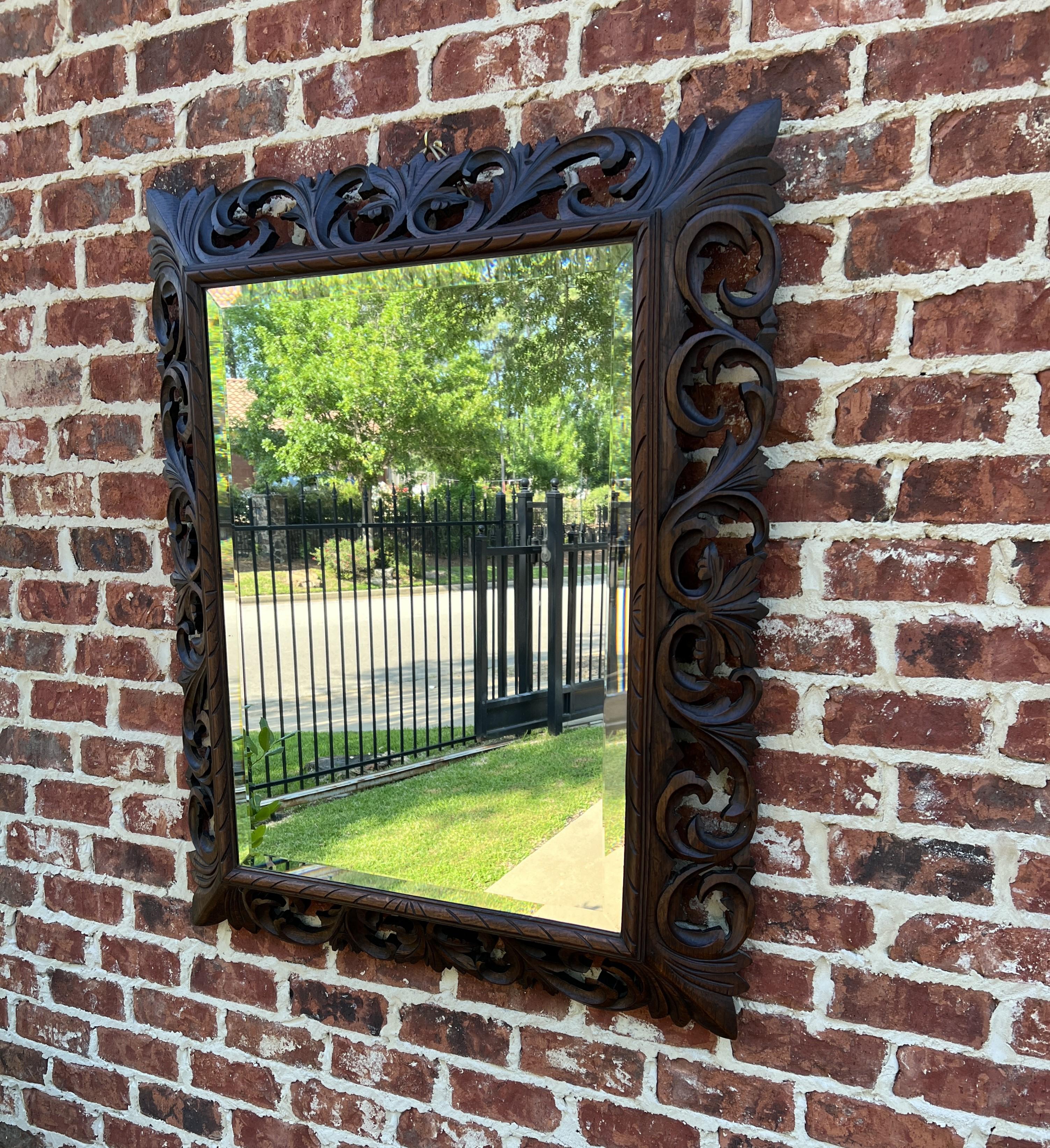 Renaissance Revival Antique French Mirror Oak Framed Hanging Wall Mirror Beveled Rectangular For Sale