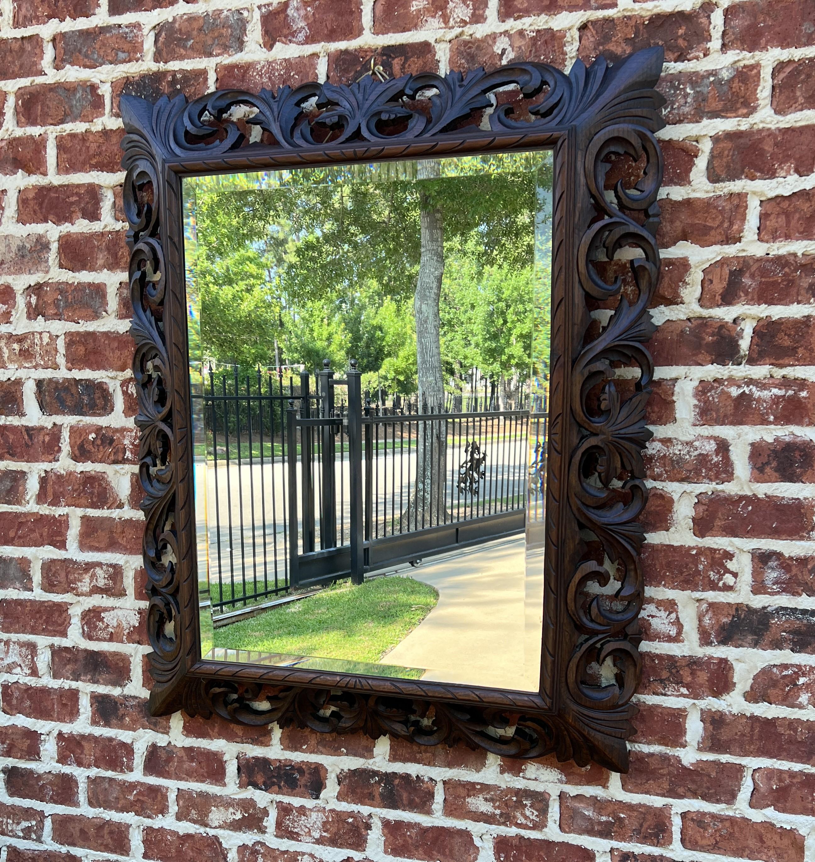 Carved Antique French Mirror Oak Framed Hanging Wall Mirror Beveled Rectangular For Sale