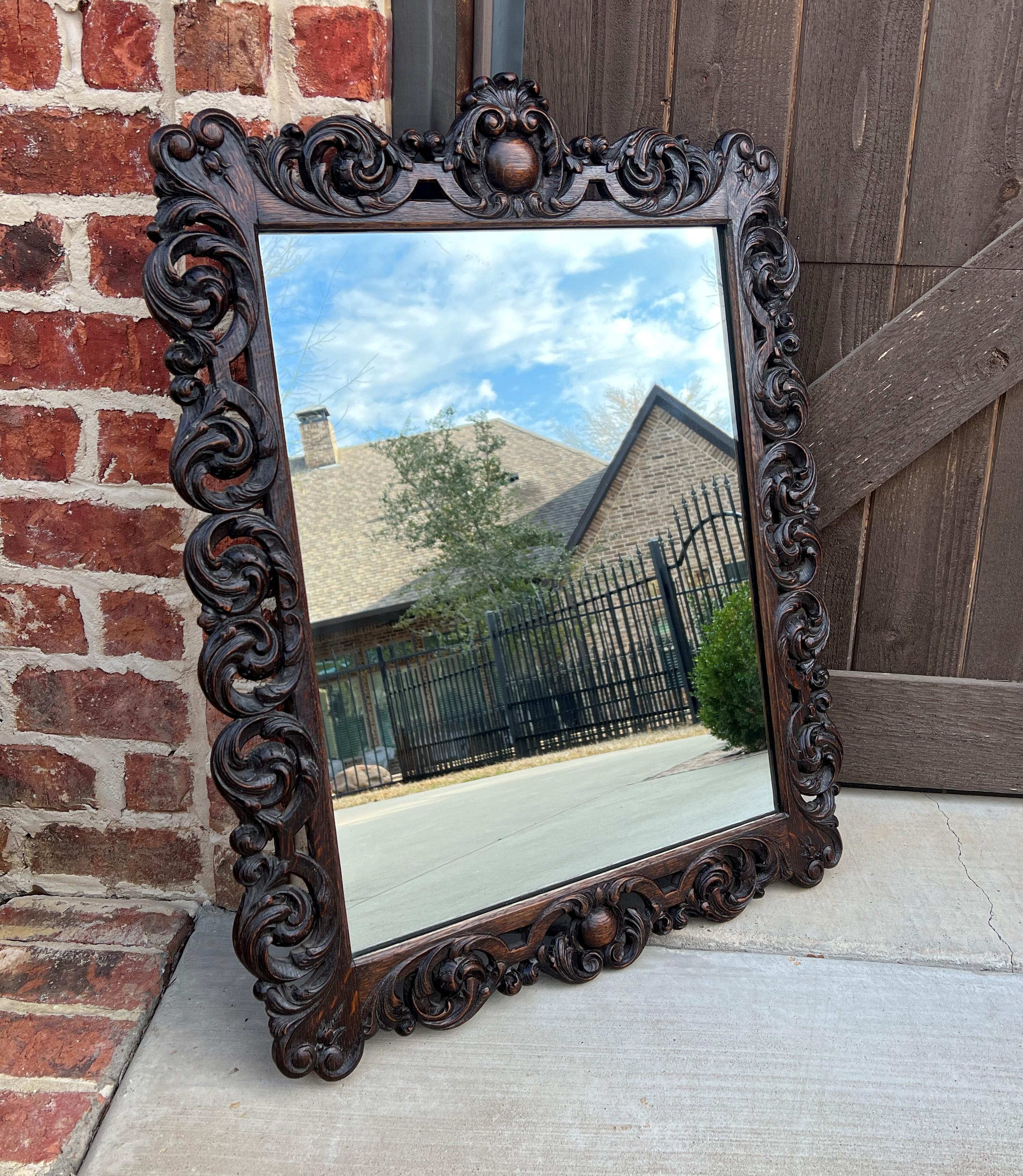 Antique French Mirror Oak Framed Hanging Wall Mirror Cartouche Rectangular 2