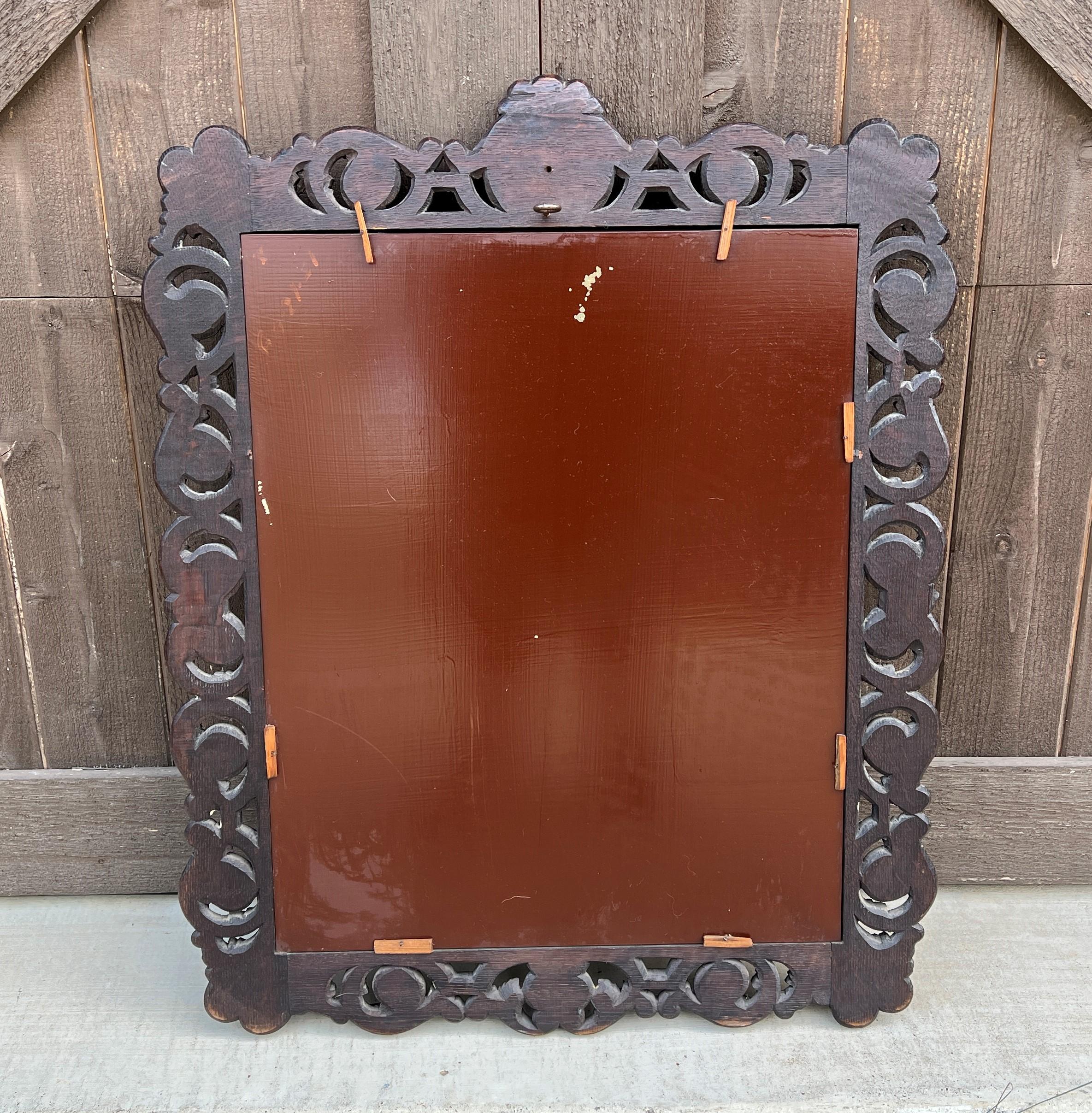 Antique French Mirror Oak Framed Hanging Wall Mirror Cartouche Rectangular 5