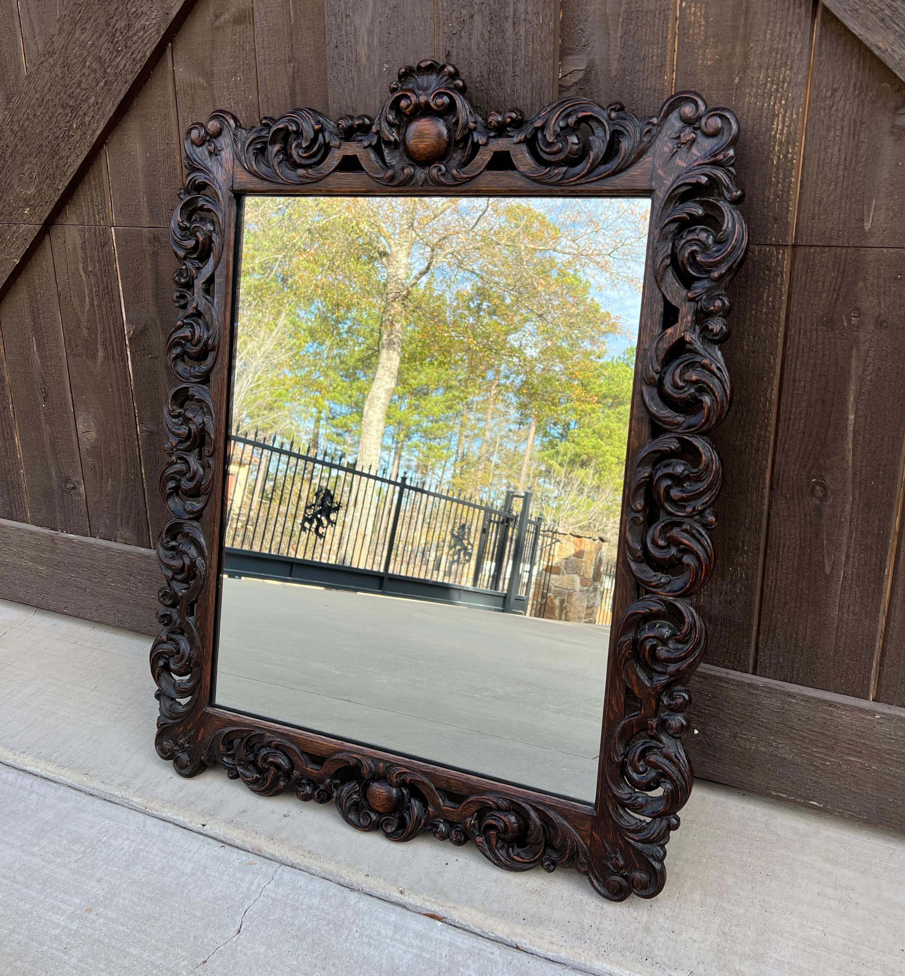 Renaissance Revival Antique French Mirror Oak Framed Hanging Wall Mirror Cartouche Rectangular