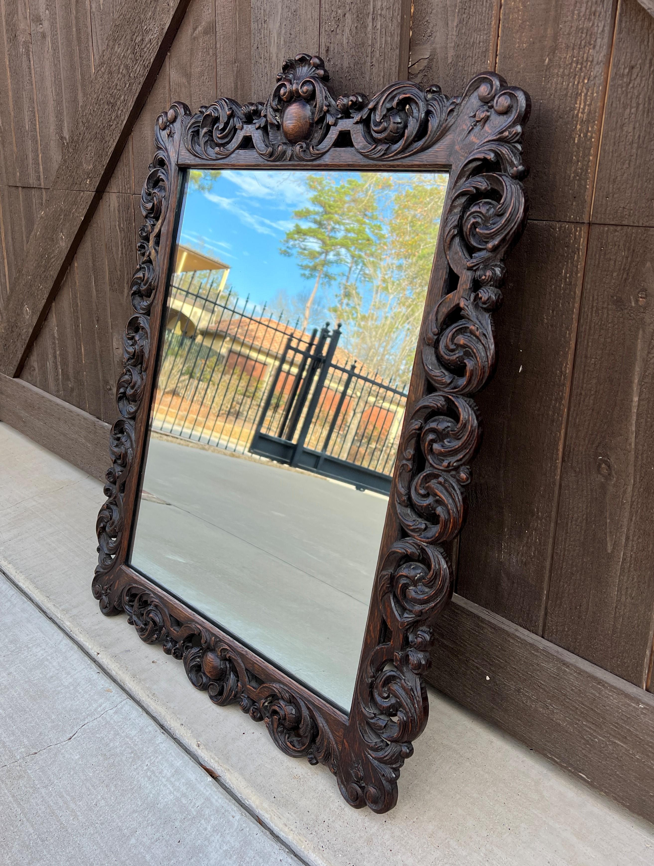 Carved Antique French Mirror Oak Framed Hanging Wall Mirror Cartouche Rectangular