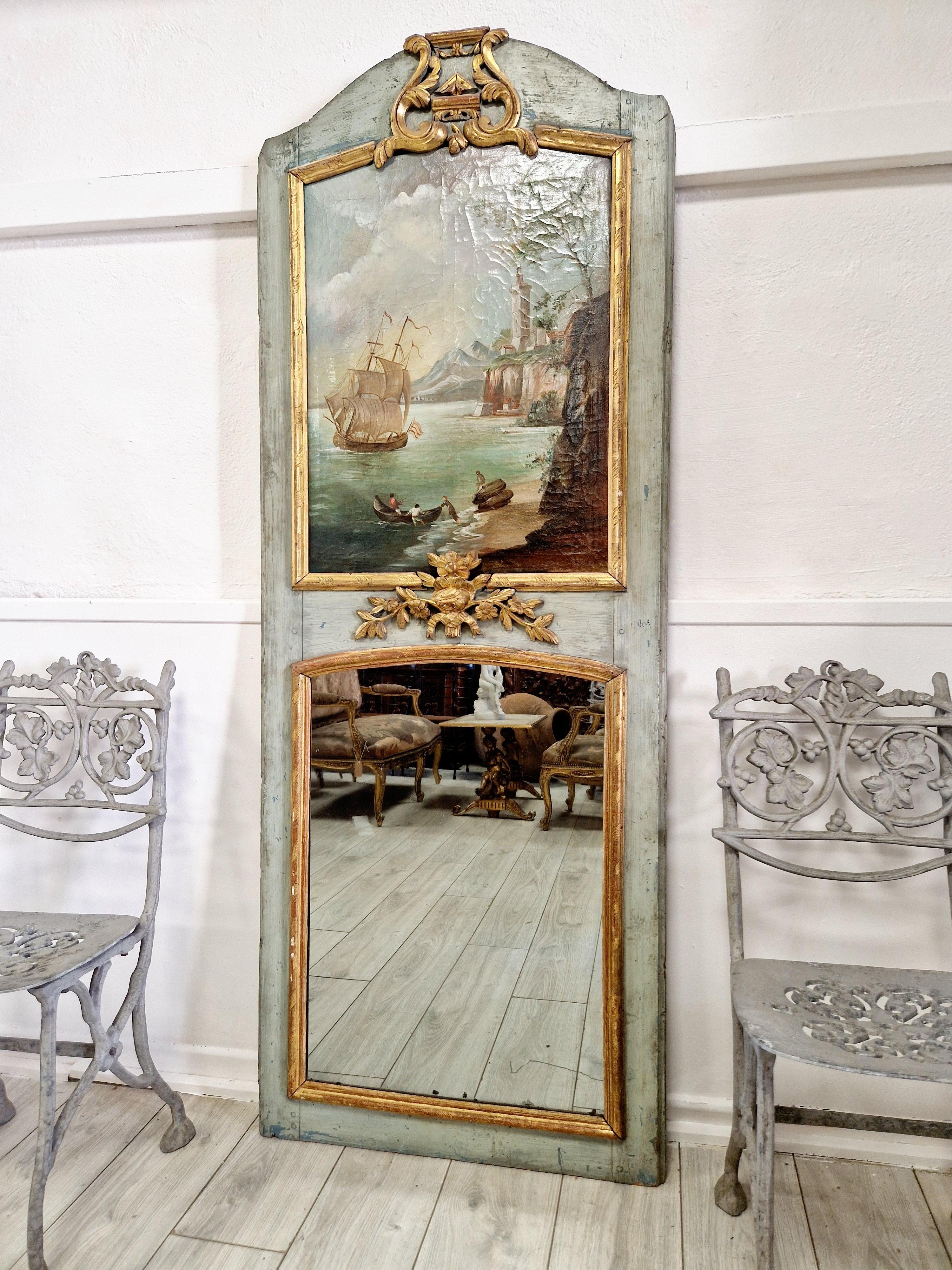 Antique French Mirror Ölgemalt Trumeau Louis XVI im Angebot 2