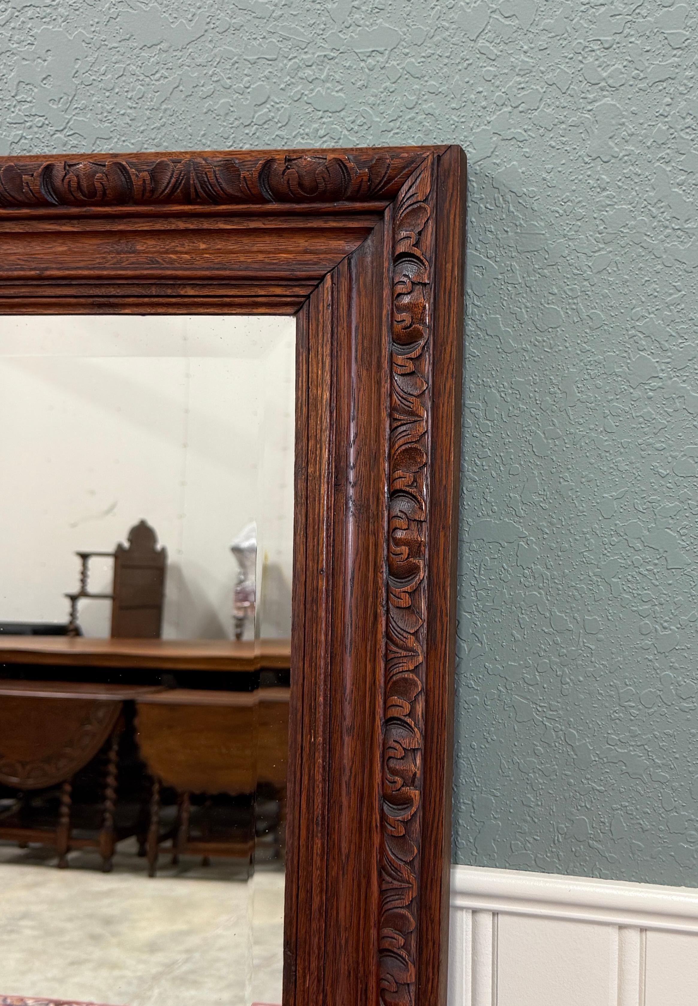 Antique French Mirror Over Mantel LARGE Rectangular Oak Carved Beveled c.1930 en vente 2