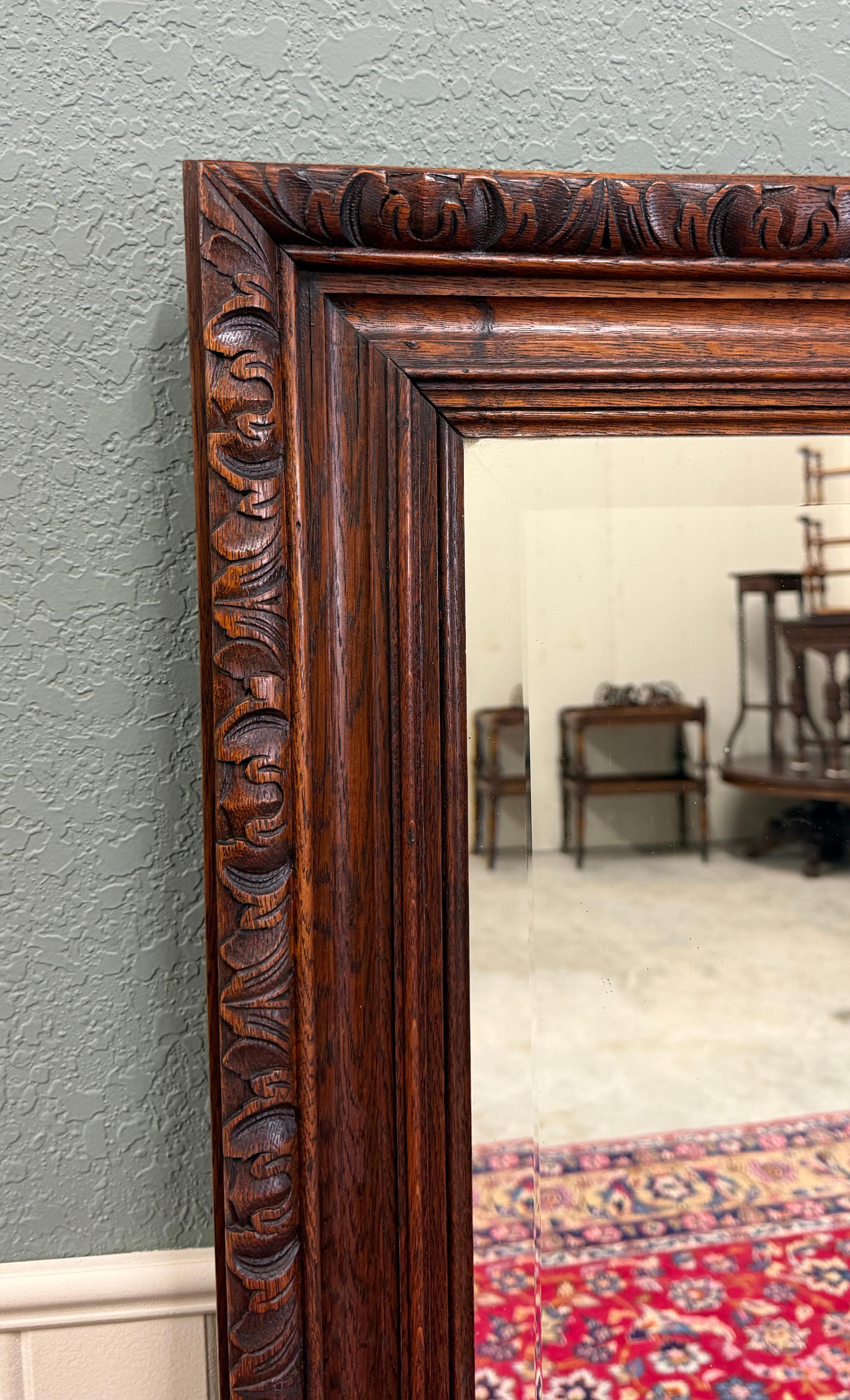 Antique French Mirror Over Mantel LARGE Rectangular Oak Carved Beveled c.1930 en vente 3