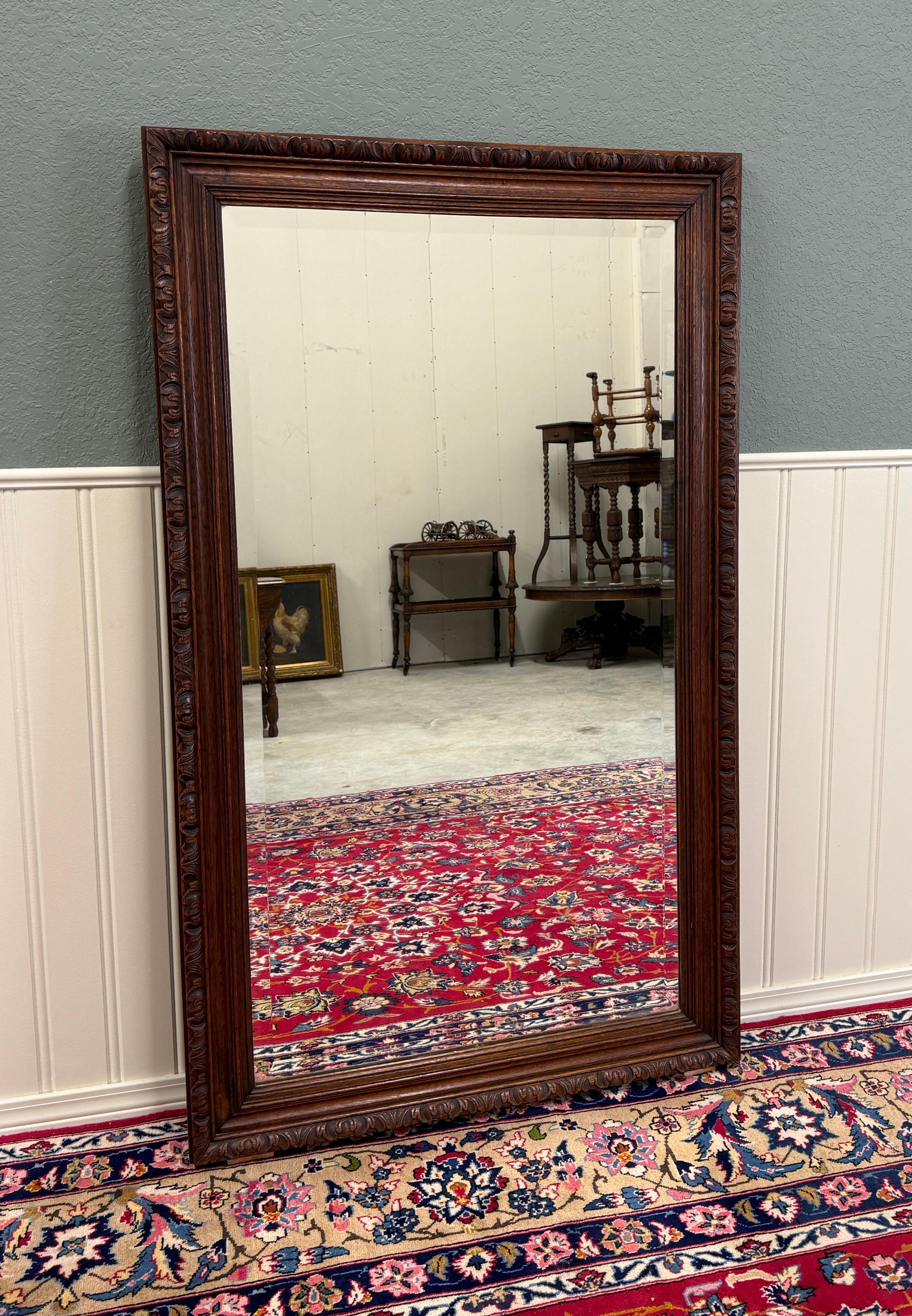 Antique French Mirror Over Mantel LARGE Rectangular Oak Carved Beveled c.1930 en vente 5