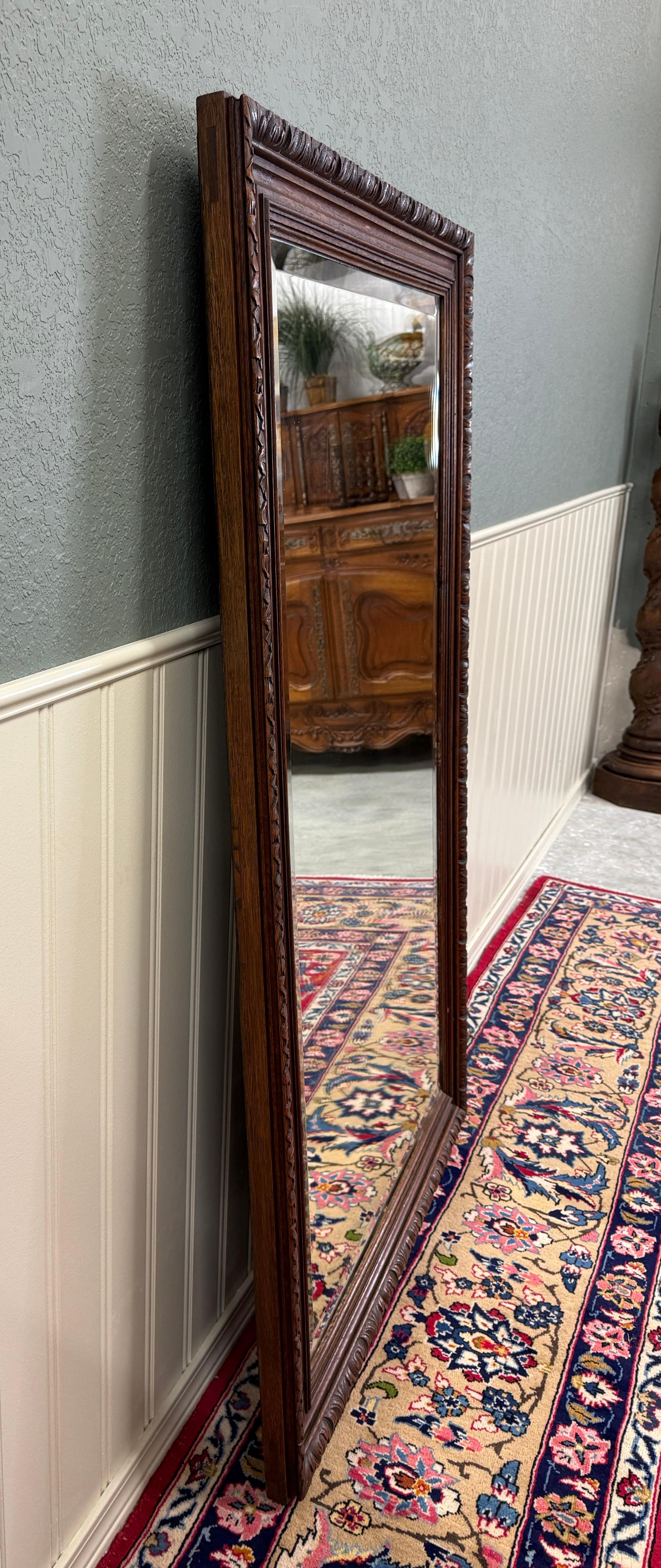 Antique French Mirror Over Mantel LARGE Rectangular Oak Carved Beveled c.1930 en vente 6