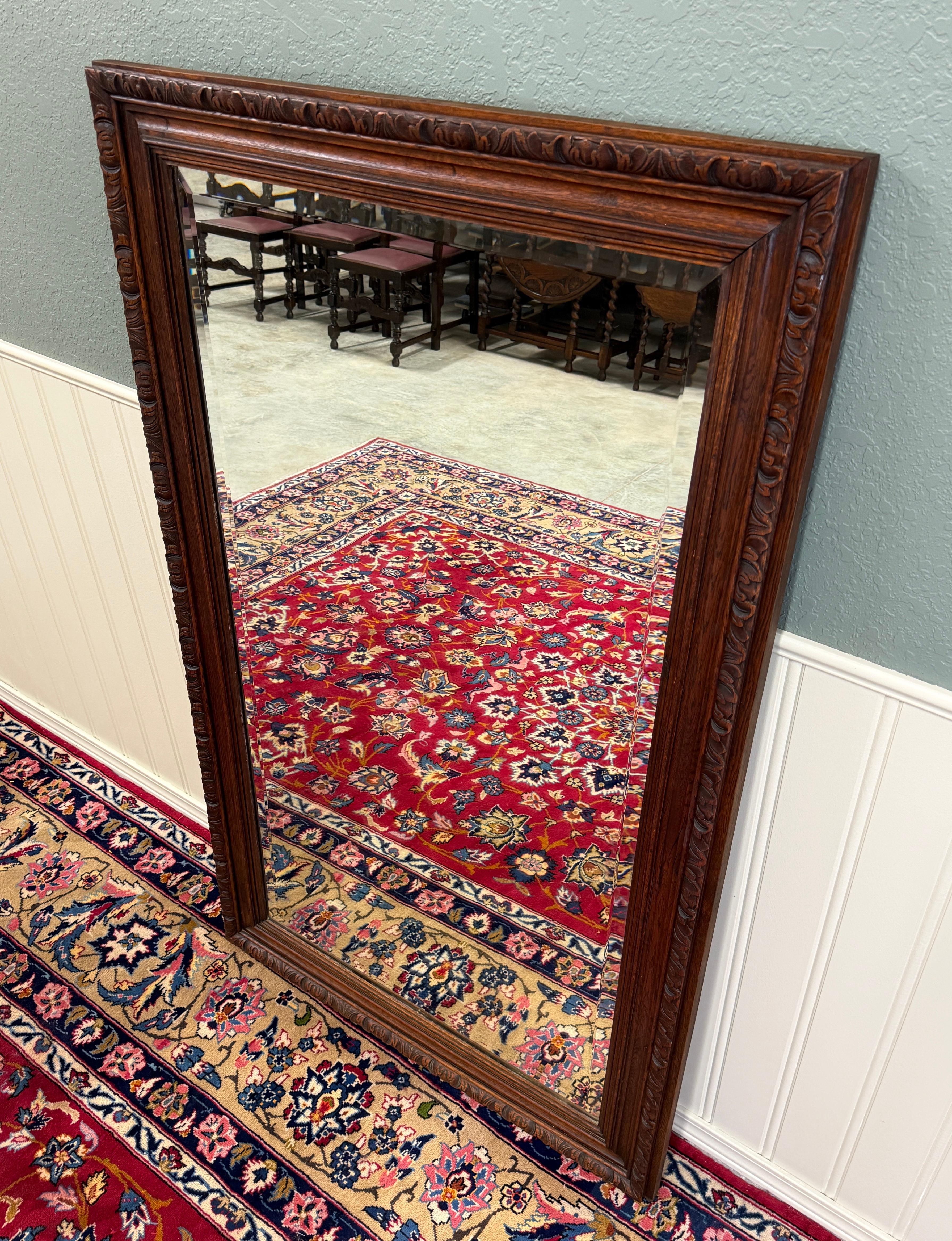 Antique French Mirror Over Mantel LARGE Rectangular Oak Carved Beveled c.1930 en vente 8