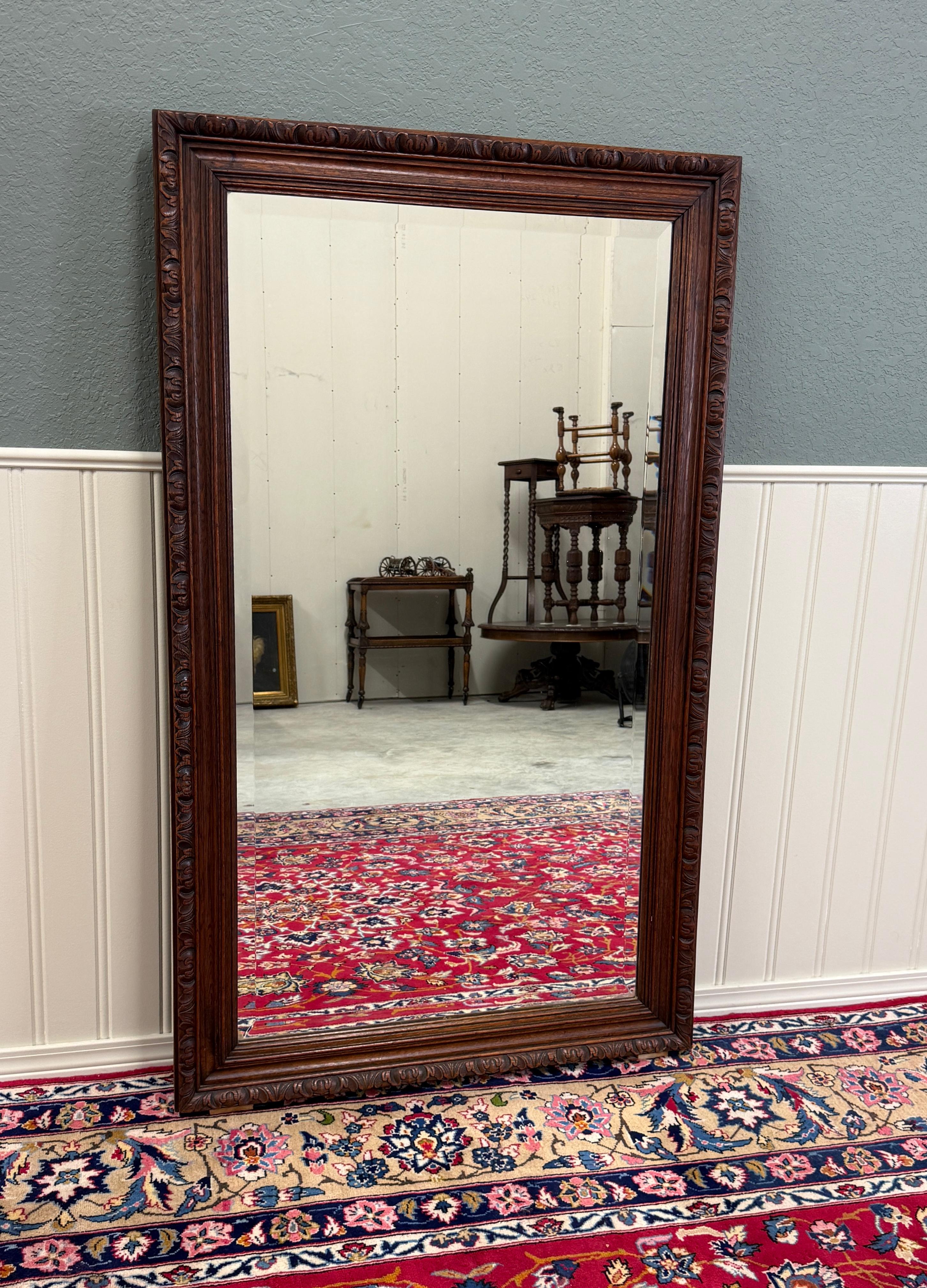 Antique French Mirror Over Mantel LARGE Rectangular Oak Carved Beveled c.1930 en vente 9
