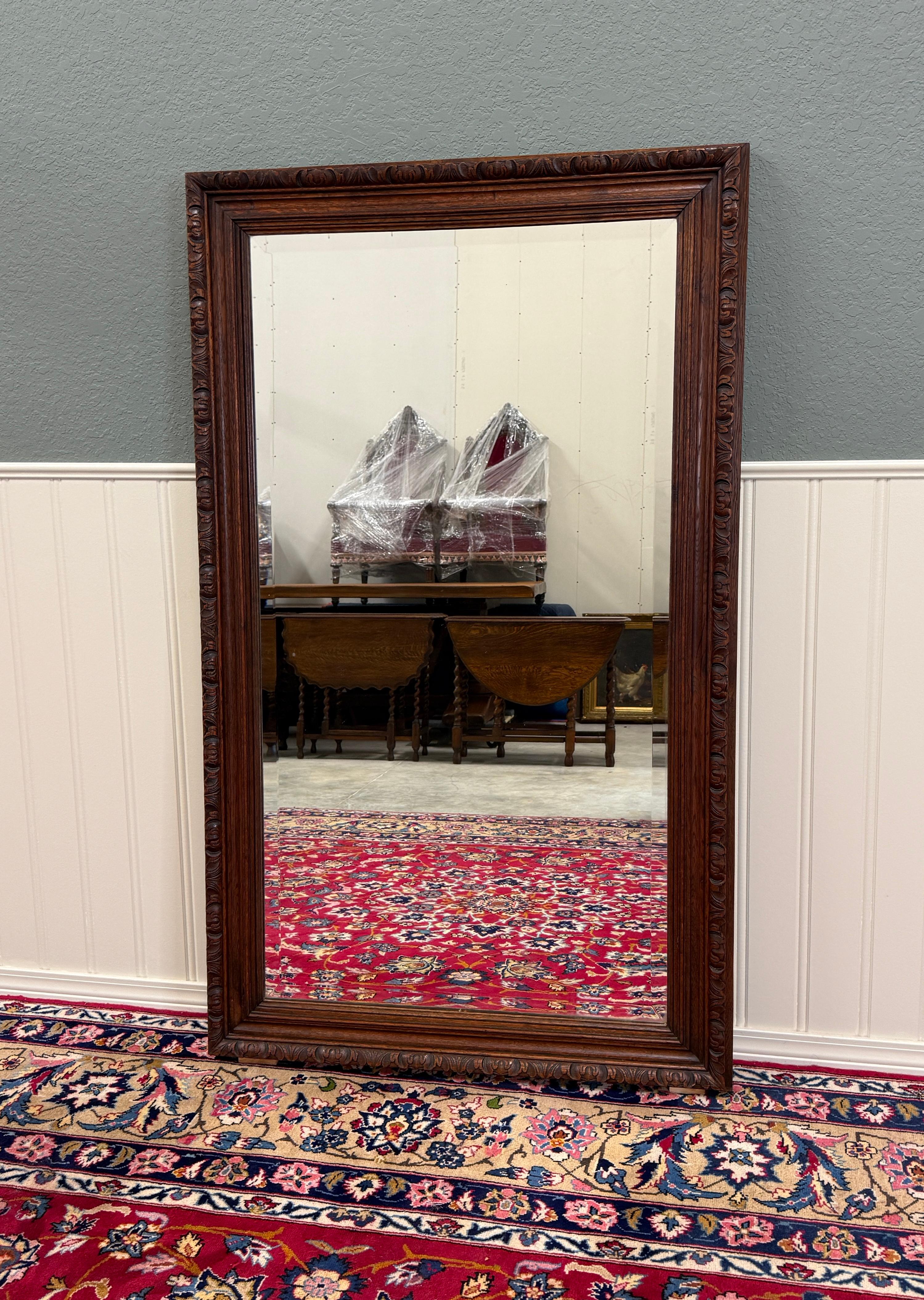 Antique French Mirror Over Mantel LARGE Rectangular Oak Carved Beveled c.1930 en vente 10