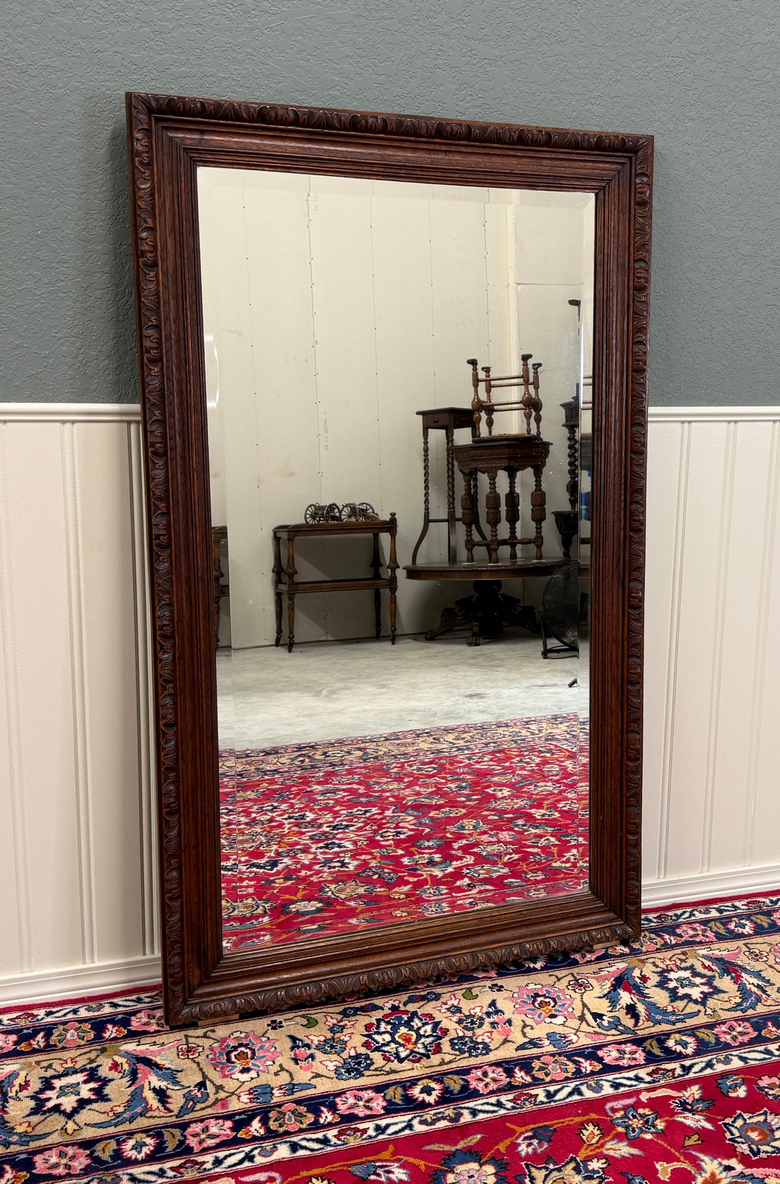 Néo-Renaissance Antique French Mirror Over Mantel LARGE Rectangular Oak Carved Beveled c.1930 en vente