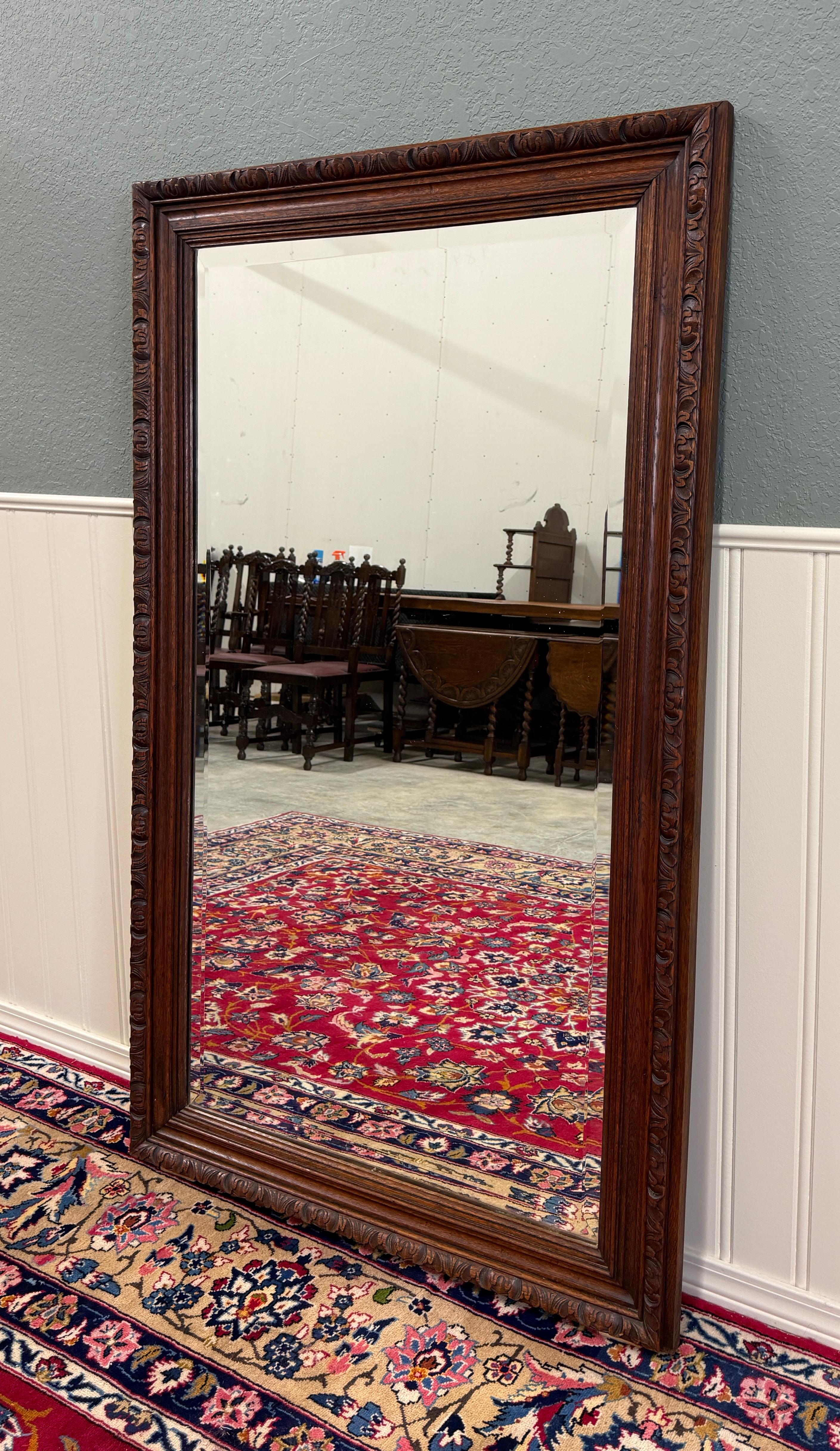 Français Antique French Mirror Over Mantel LARGE Rectangular Oak Carved Beveled c.1930 en vente