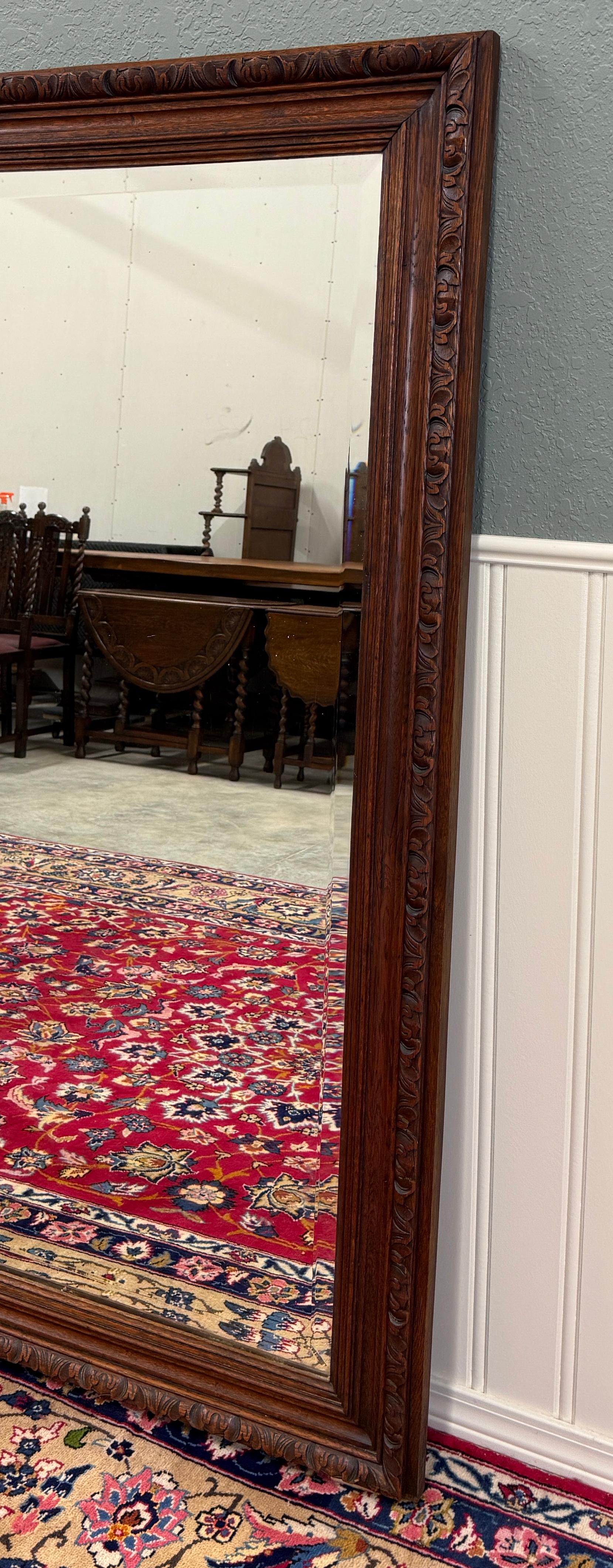 Sculpté Antique French Mirror Over Mantel LARGE Rectangular Oak Carved Beveled c.1930 en vente