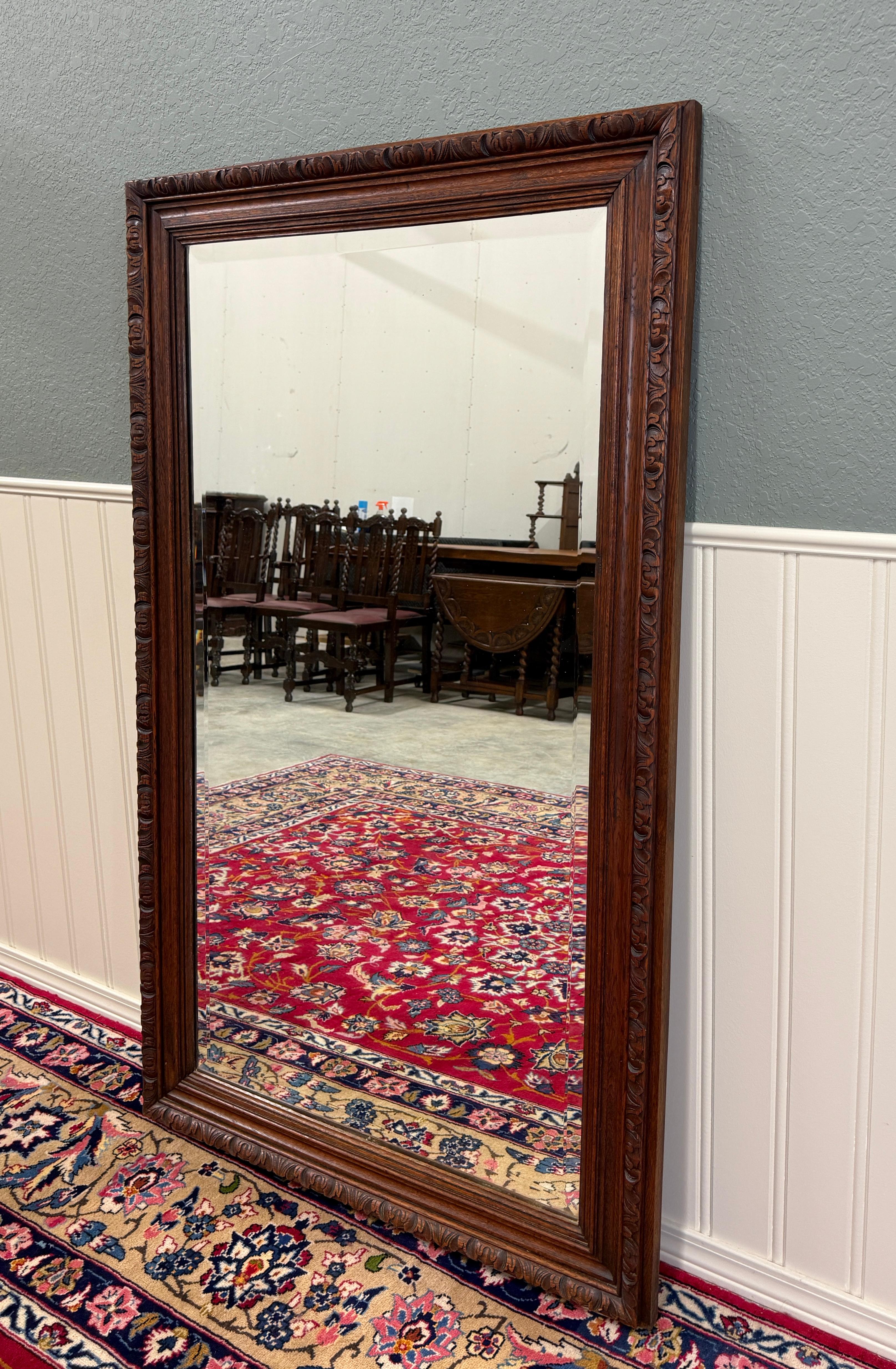 Antique French Mirror Over Mantel LARGE Rectangular Oak Carved Beveled c.1930 Bon état - En vente à Tyler, TX