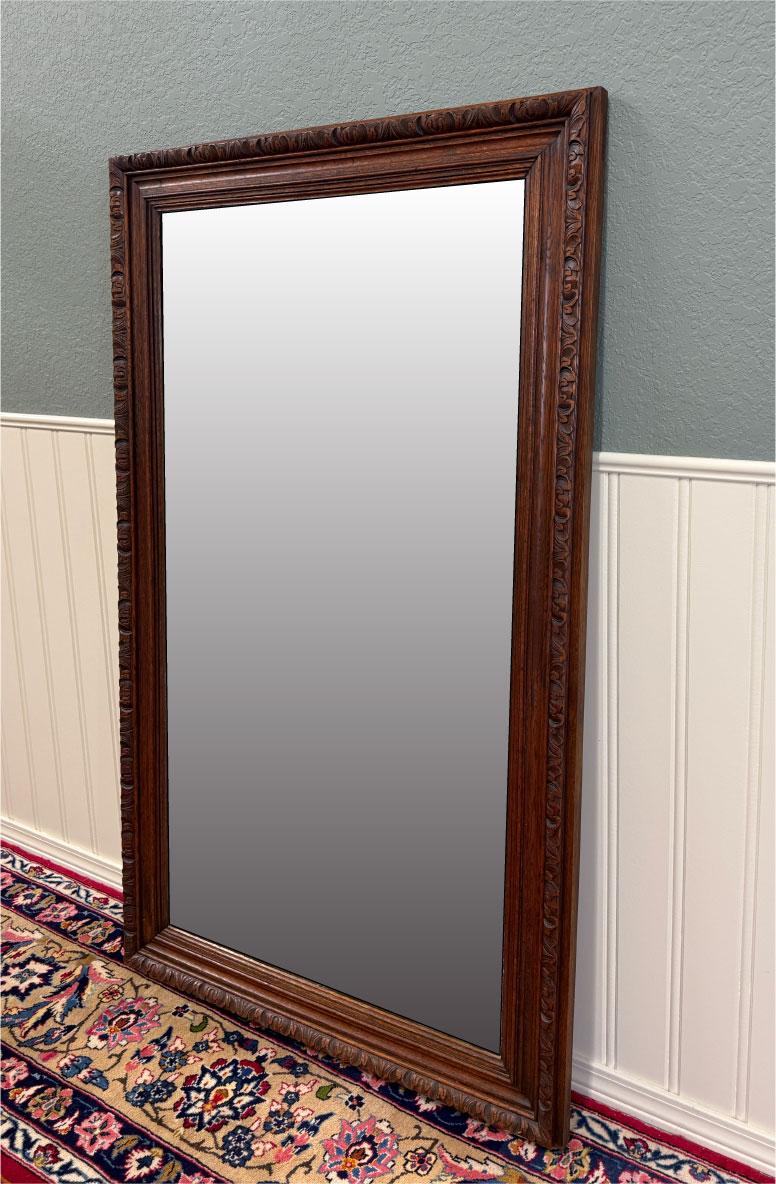 Milieu du XXe siècle Antique French Mirror Over Mantel LARGE Rectangular Oak Carved Beveled c.1930 en vente