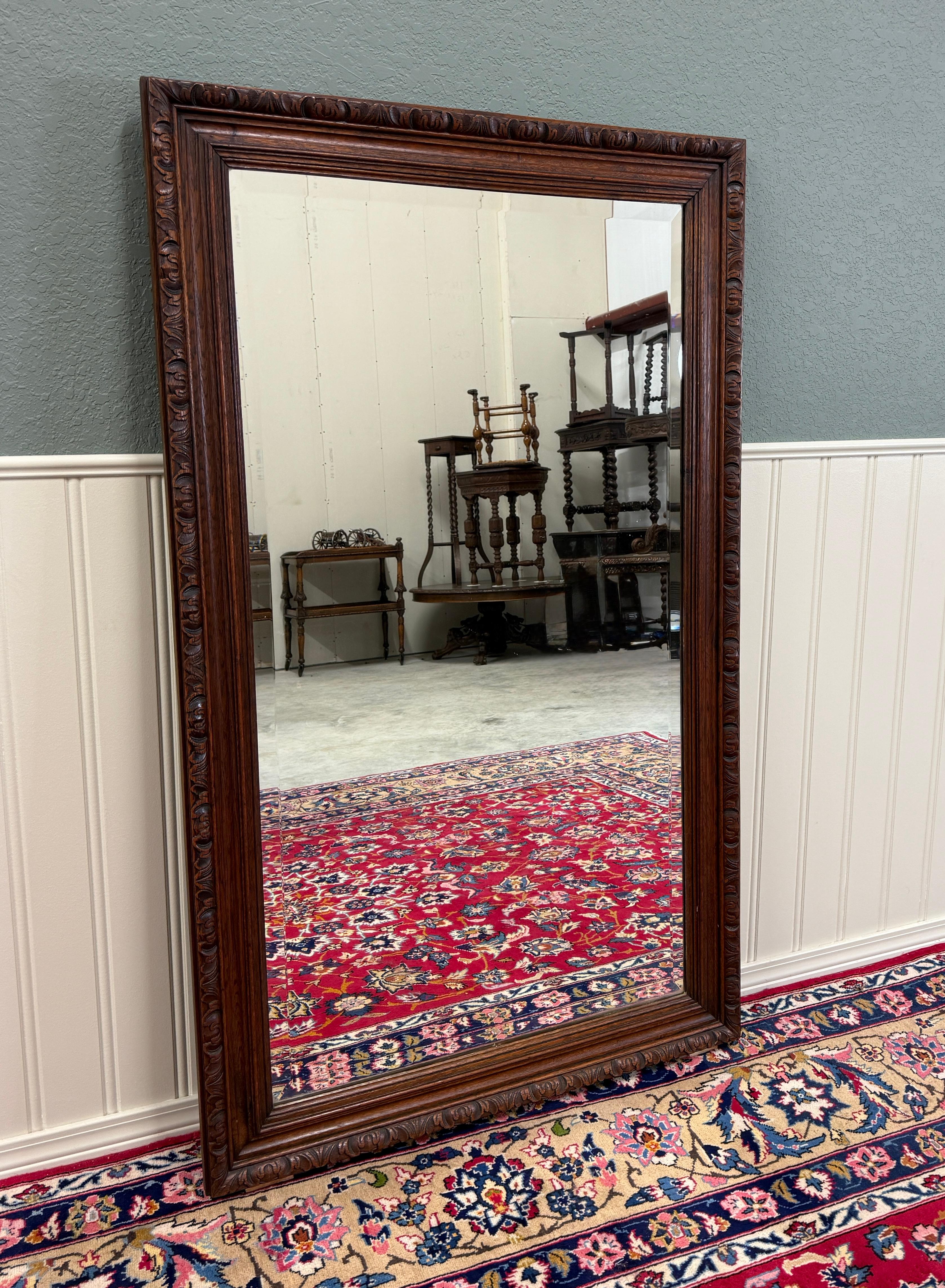 Miroir Antique French Mirror Over Mantel LARGE Rectangular Oak Carved Beveled c.1930 en vente
