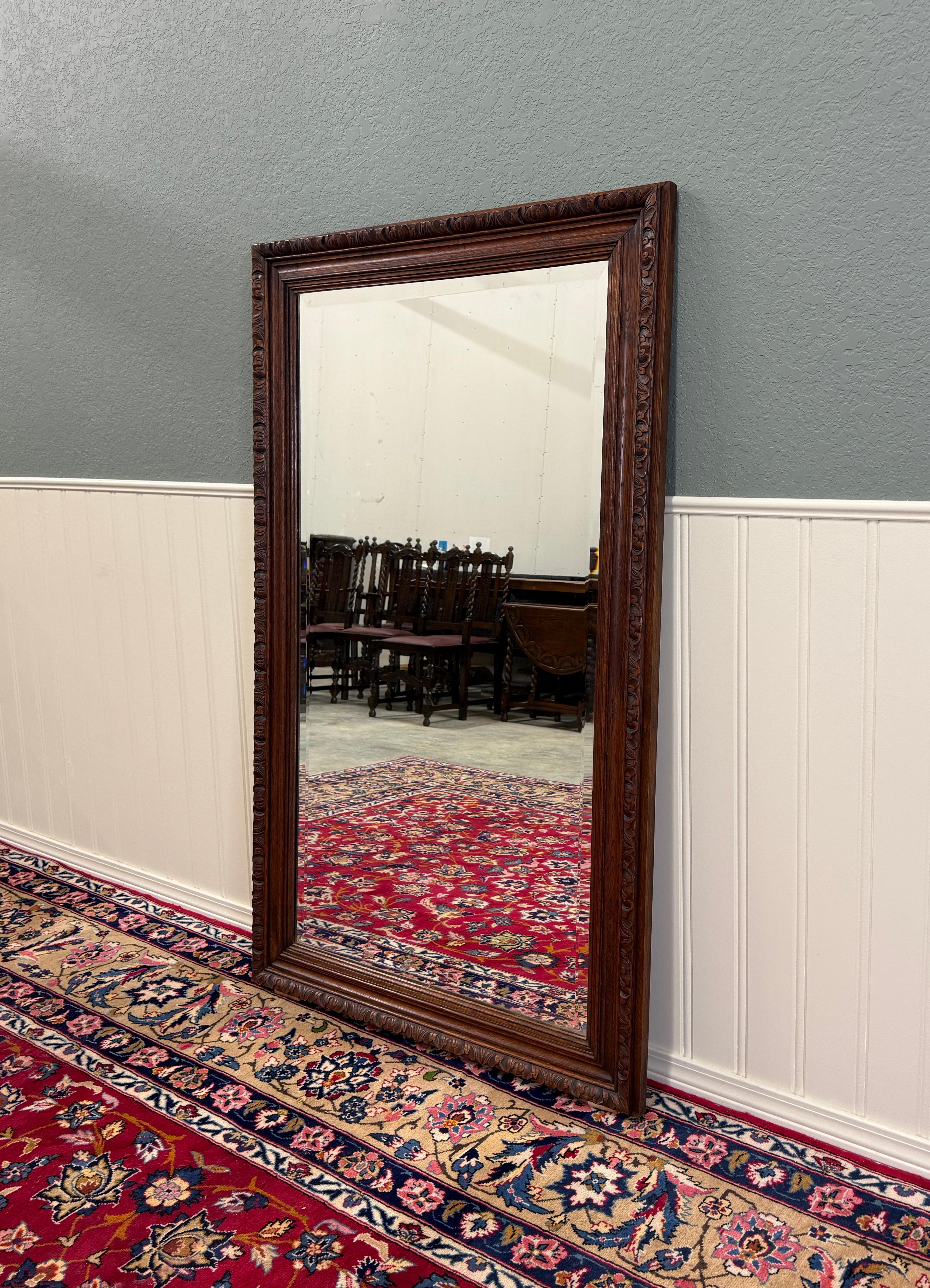 Antique French Mirror Over Mantel LARGE Rectangular Oak Carved Beveled c.1930 en vente 1