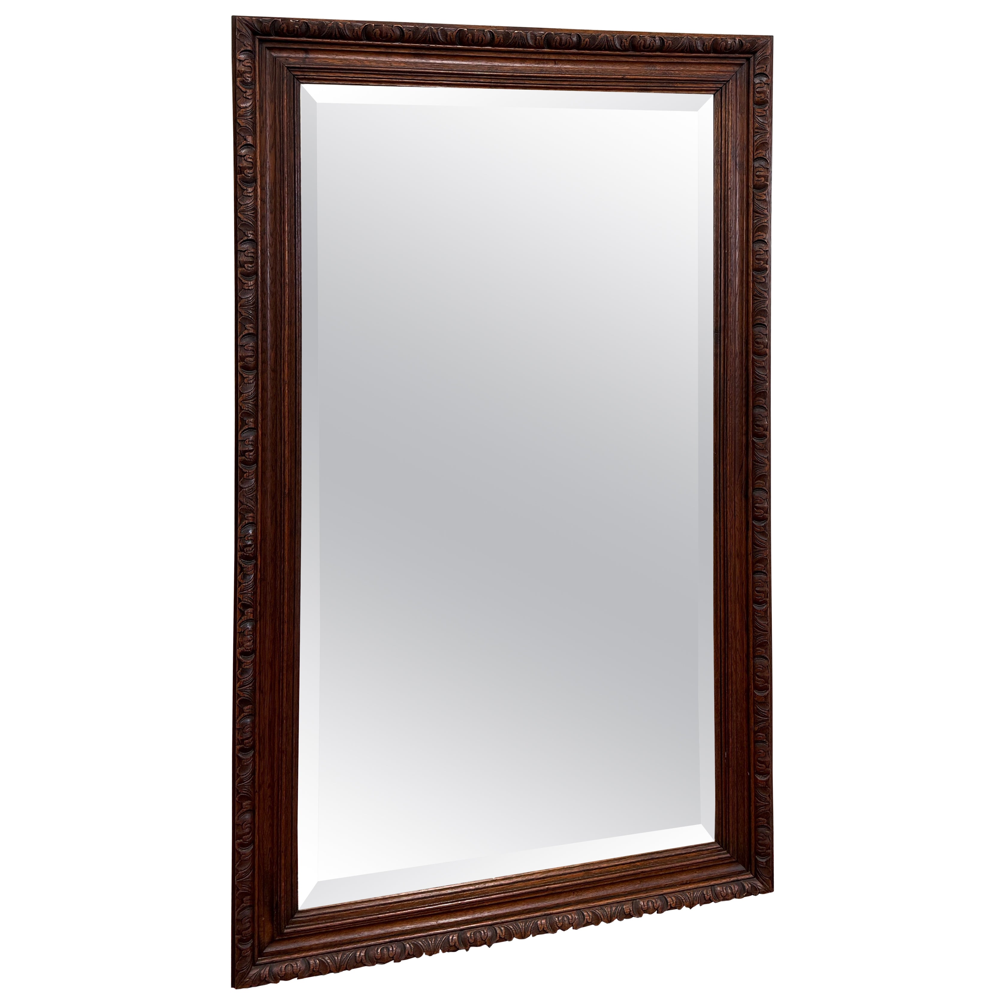 Antique French Mirror Over Mantel LARGE Rectangular Oak Carved Beveled c.1930