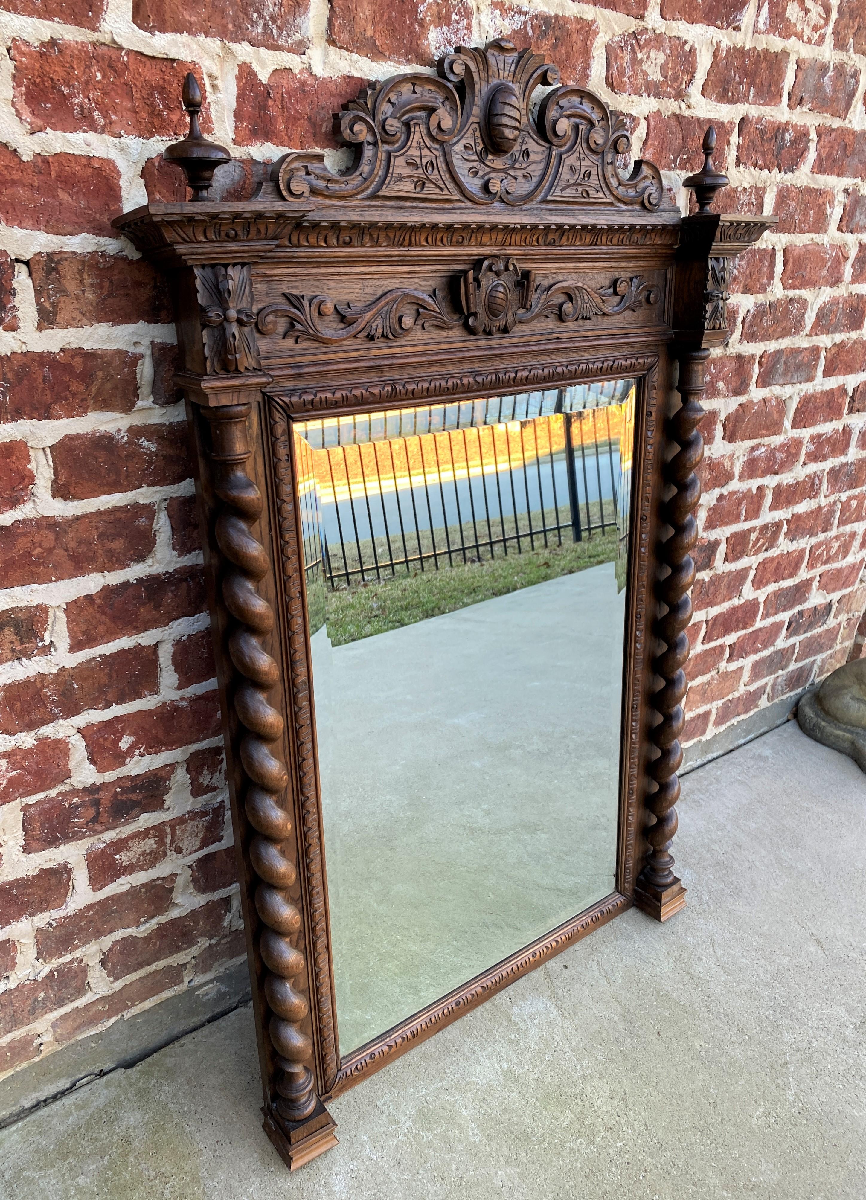 Antique French Mirror Pier Mantel Beveled Carved Oak Crown Barley Twist Large 4