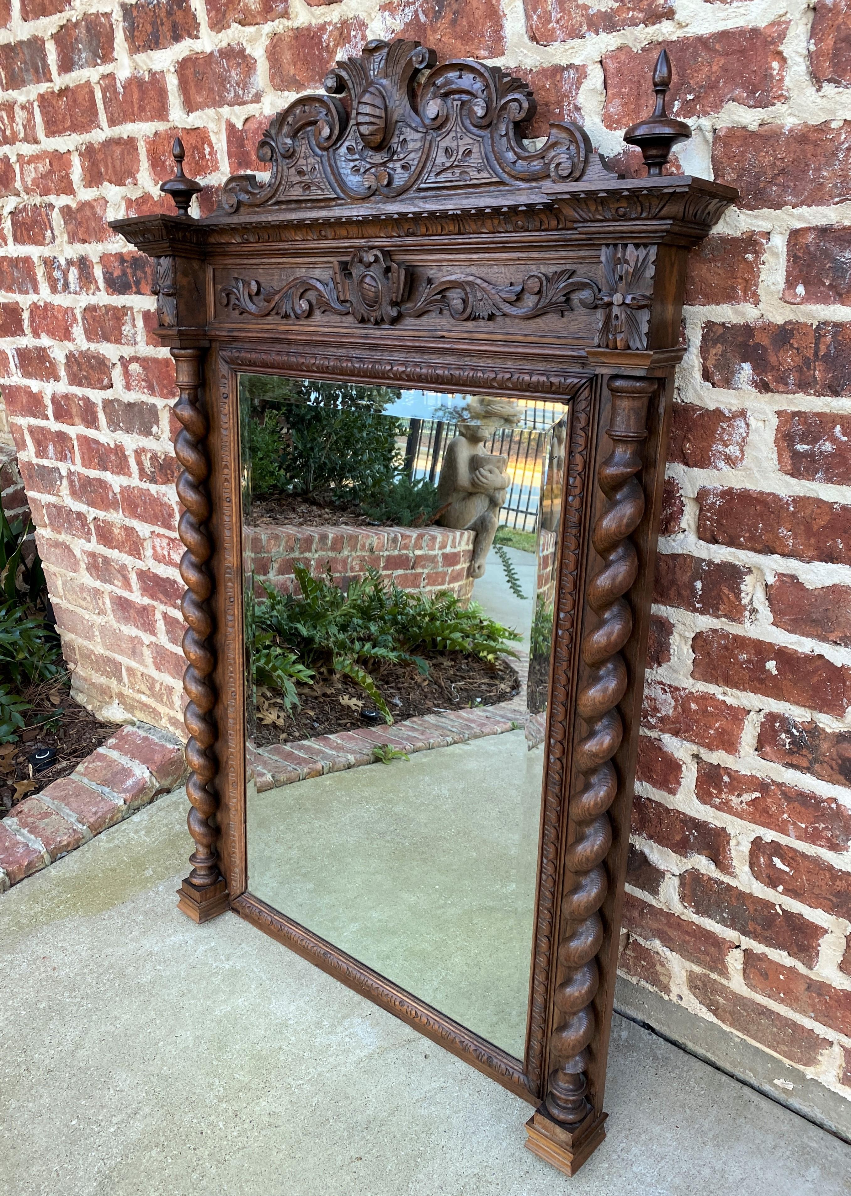 Antique French Mirror Pier Mantel Beveled Carved Oak Crown Barley Twist Large 5